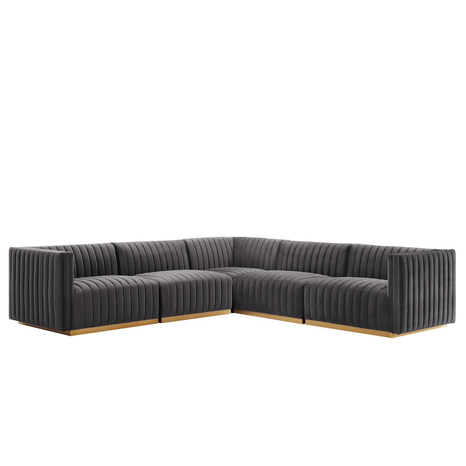 Modway Sectional Sofas - Conjure Channel Tufted Performance Velvet 5 Piece Sectional Gold Gray