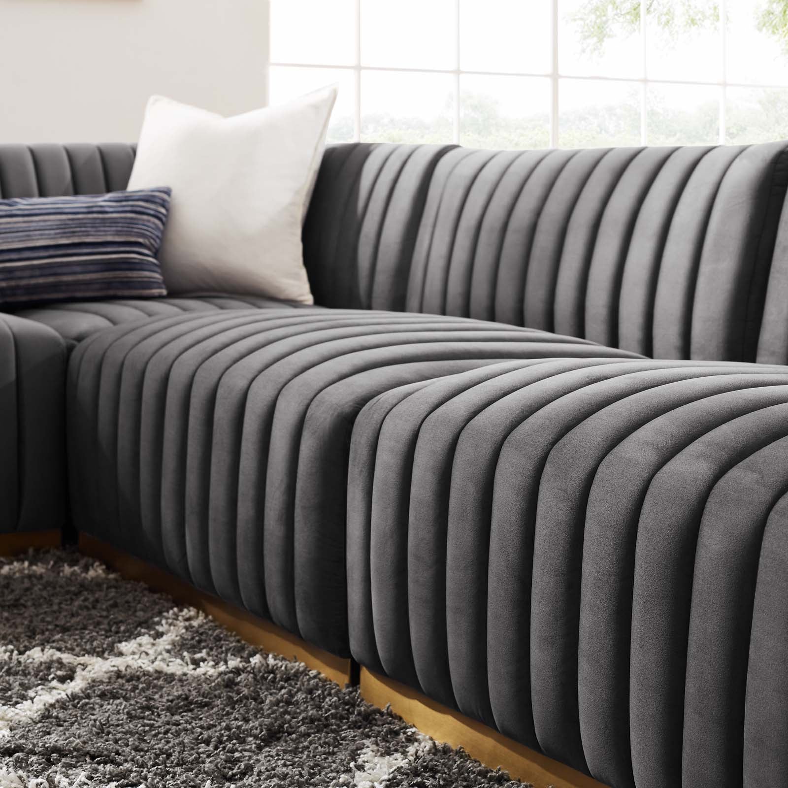 Modway Sectional Sofas - Conjure Channel Tufted Performance Velvet 5 Piece Sectional Gold Gray