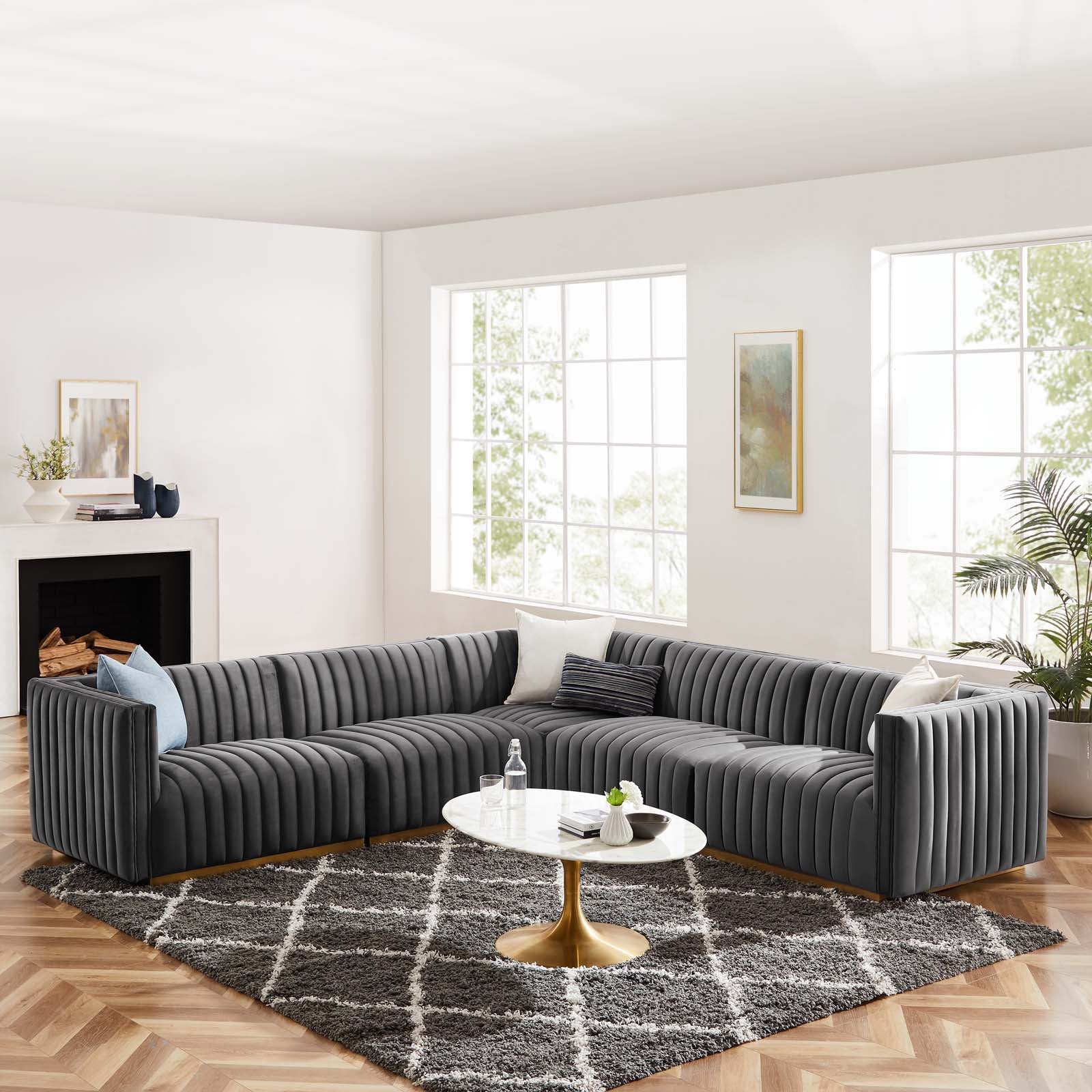 Modway Sectional Sofas - Conjure Channel Tufted Performance Velvet 5 Piece Sectional Gold Gray