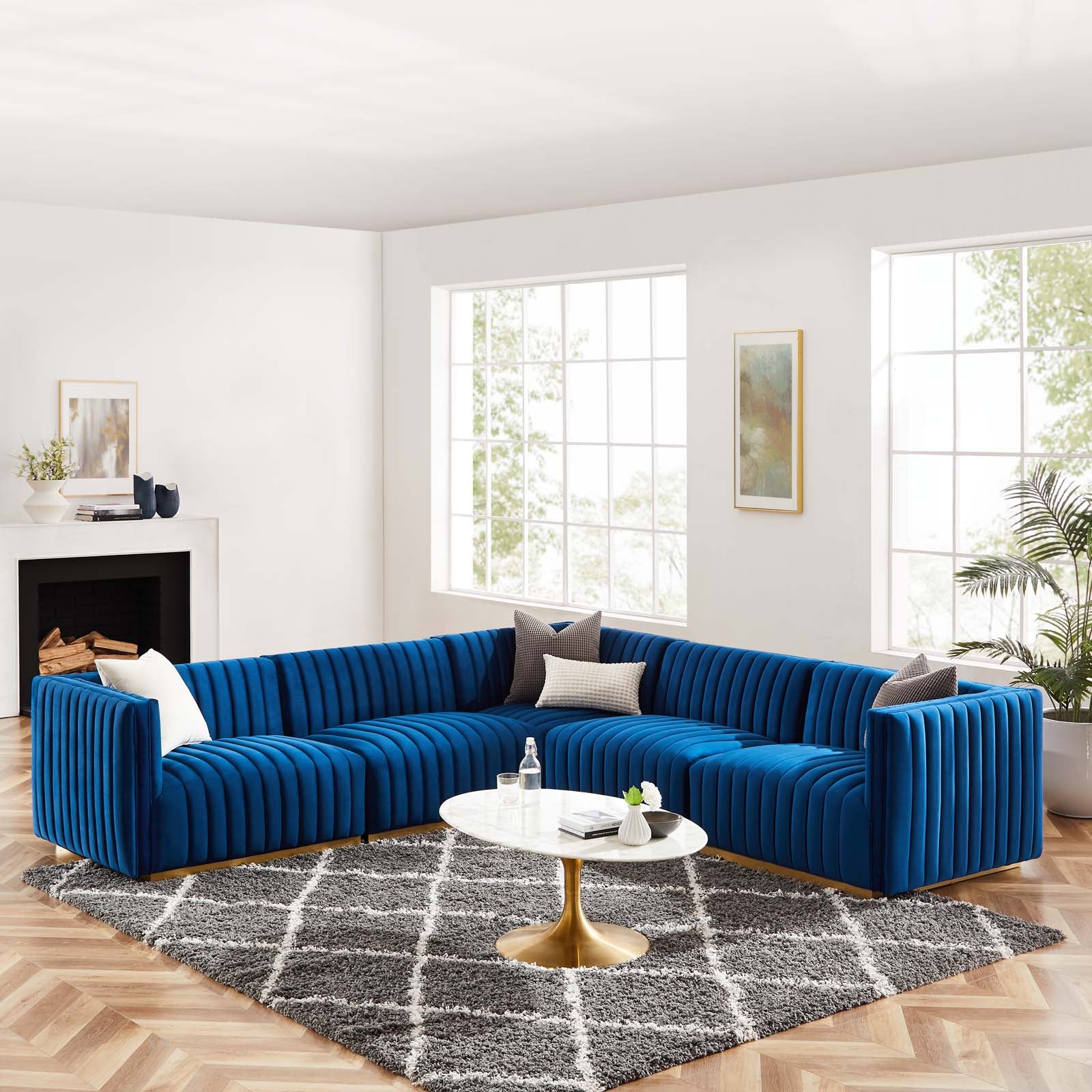 Modway Sectional Sofas - Conjure Channel Tufted Performance Velvet 5 Piece Sectional Gold Navy