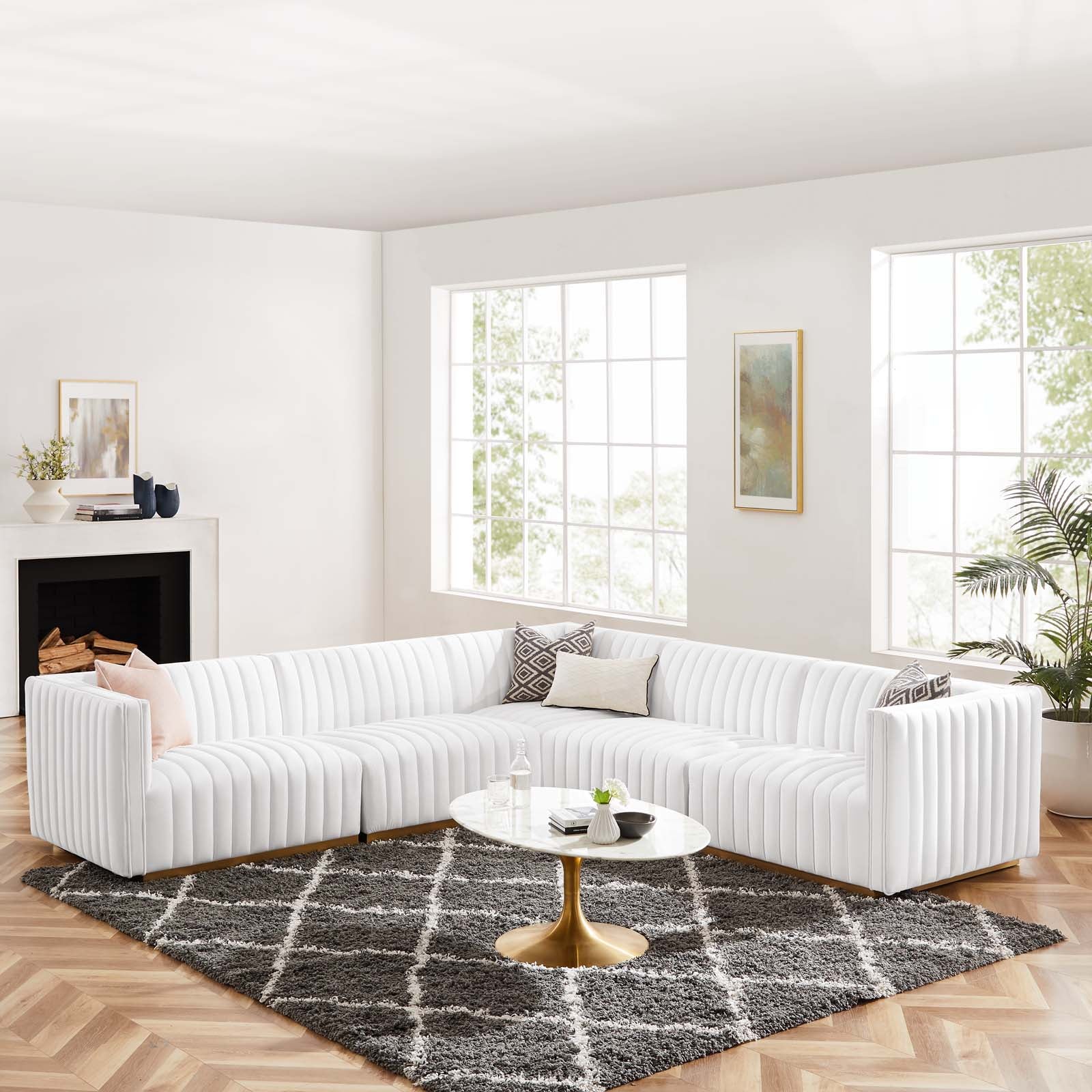 Modway Sectional Sofas - Conjure Channel Tufted Performance Velvet 5 Piece Sectional Gold White