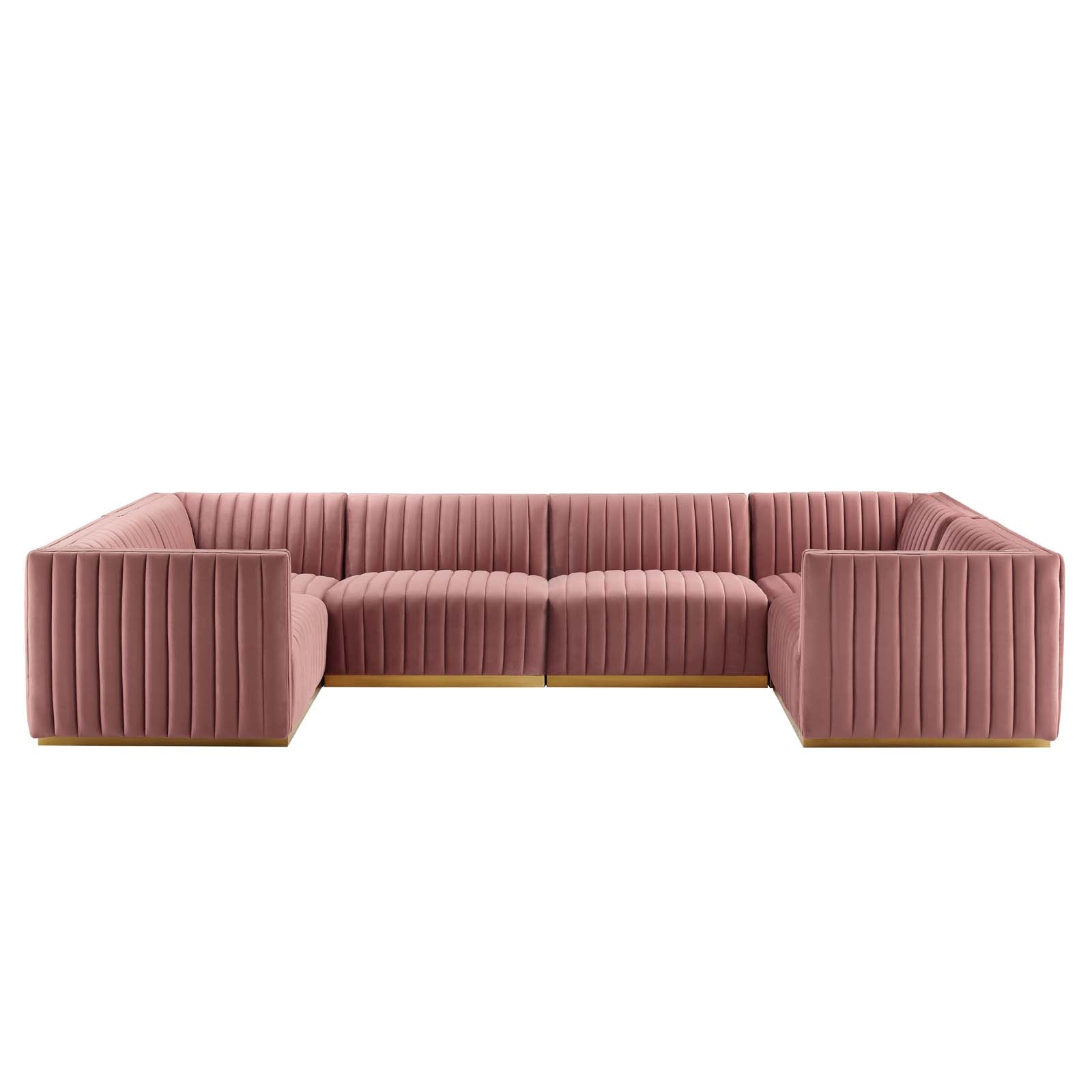 Modway Sectional Sofas - Conjure Channel Tufted Performance Velvet 6 Piece U-Shaped Sectional Gold | Dusty Rose