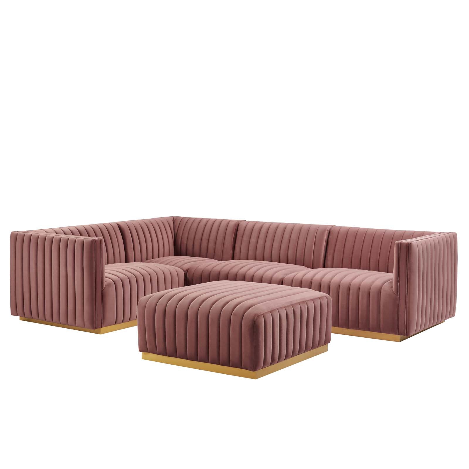 Modway Sectional Sofas - Conjure Channel Tufted Performance Velvet 5 Piece Sectional Gold | Dusty Rose EEI-5852-GLD-DUS