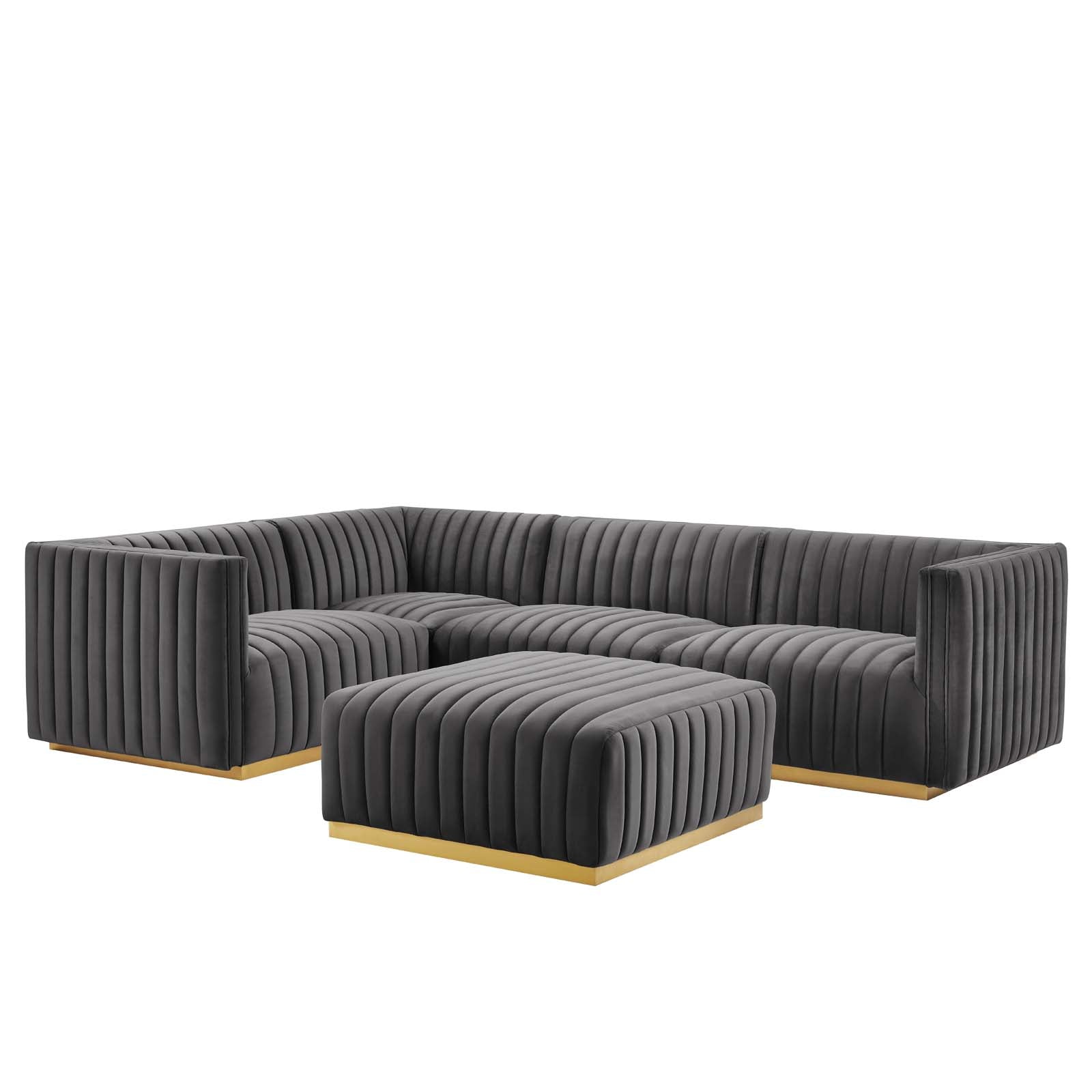 Modway Sectional Sofas - Conjure Channel Tufted Performance Velvet 5 Piece Sectional Gold Gray EEI-5852-GLD-GRY