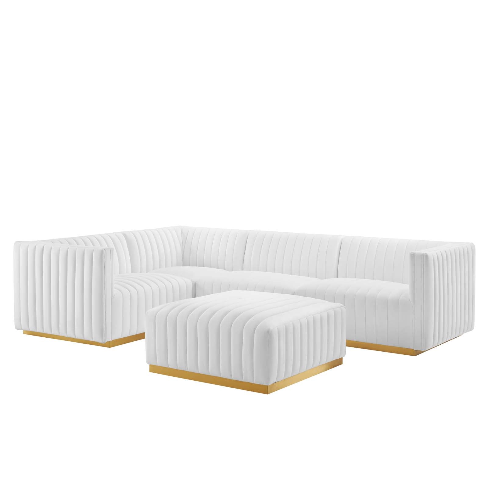 Modway Sectional Sofas - Conjure Channel Tufted Performance Velvet 5 Piece Sectional Gold White EEI-5852-GLD-WHI