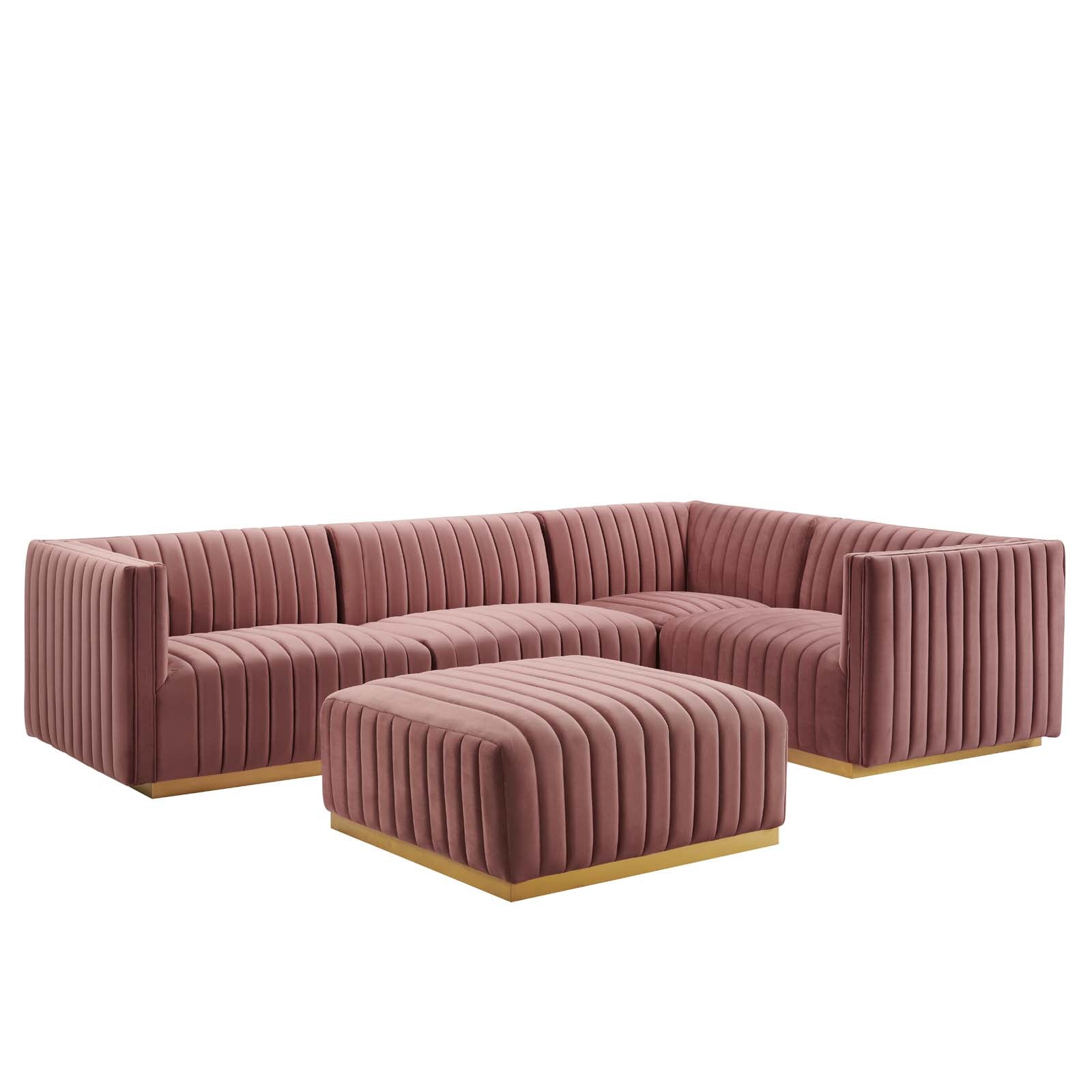 Modway Sectional Sofas - Conjure Channel Tufted Performance Velvet 5 Piece Sectional Gold | Dusty Rose EEI-5853-GLD-DUS