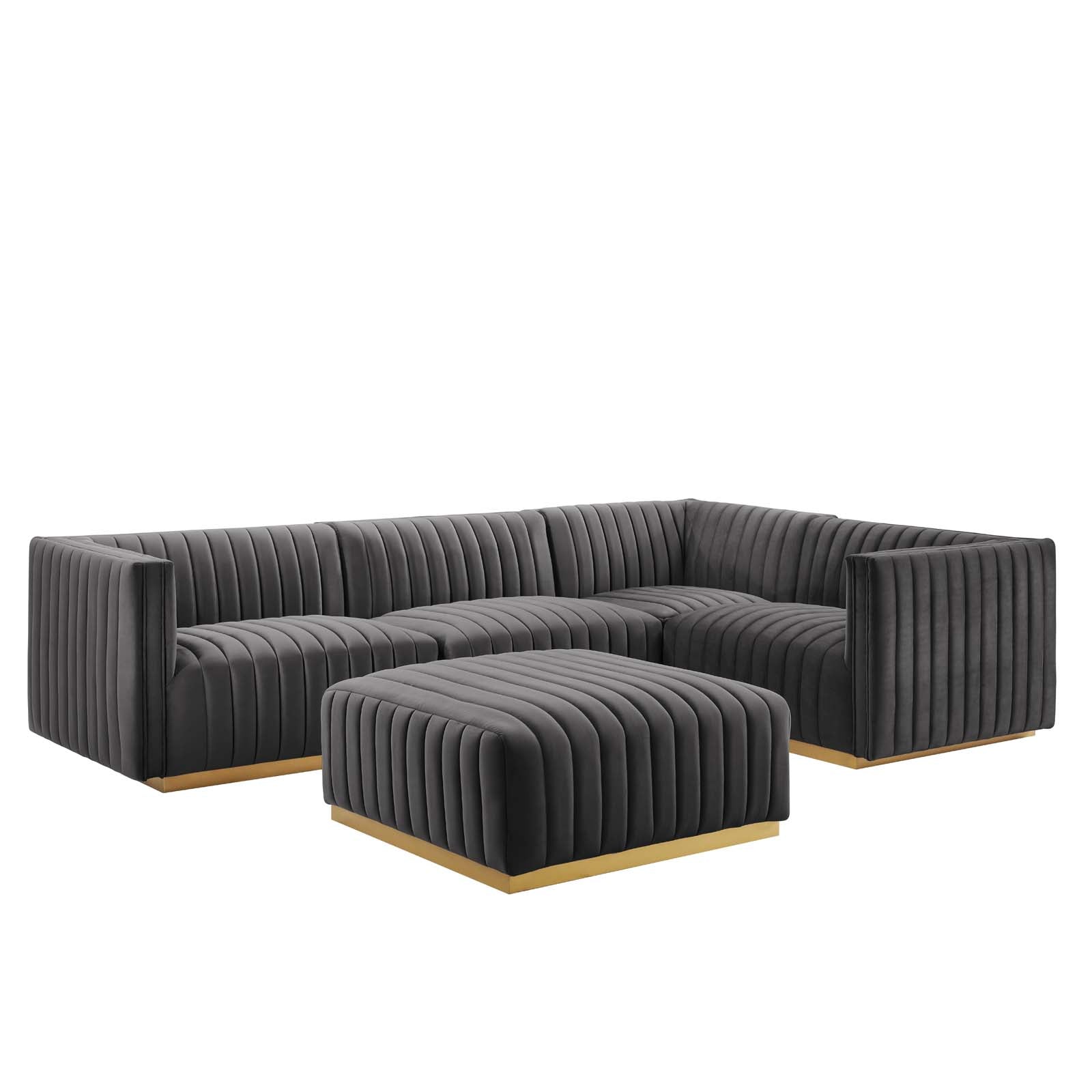 Modway Sectional Sofas - Conjure Channel Tufted Performance Velvet 5 Piece Sectional Gold Gray EEI-5853-GLD-GRY