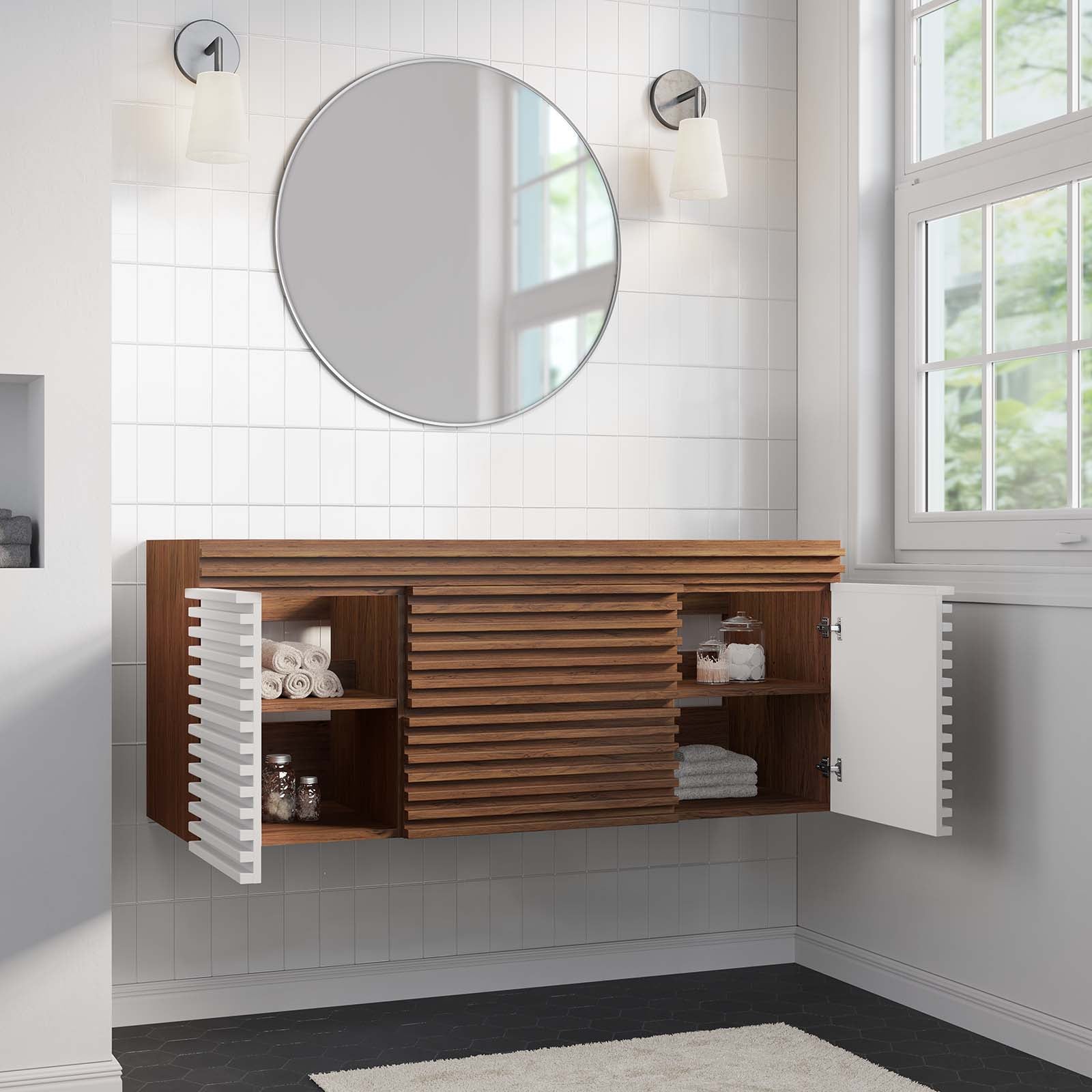 Modway Bathroom Vanity - Render 48" Wall-Mount Bathroom Vanity Cabinet White Walnut EEI-5866-WHI-WAL