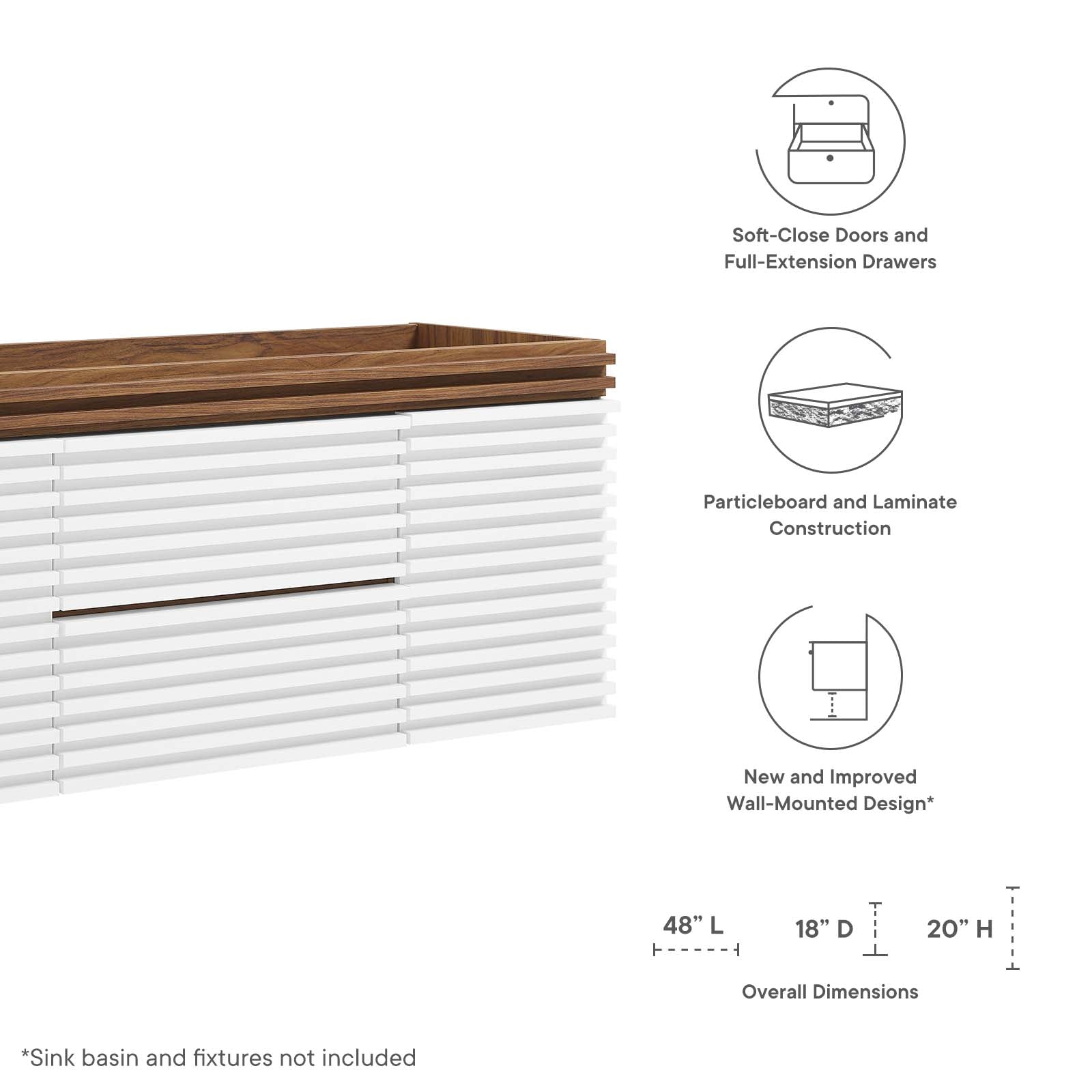 Modway Bathroom Vanity - Render 48" Wall-Mount Bathroom Vanity Cabinet White Walnut EEI-5866-WHI-WAL