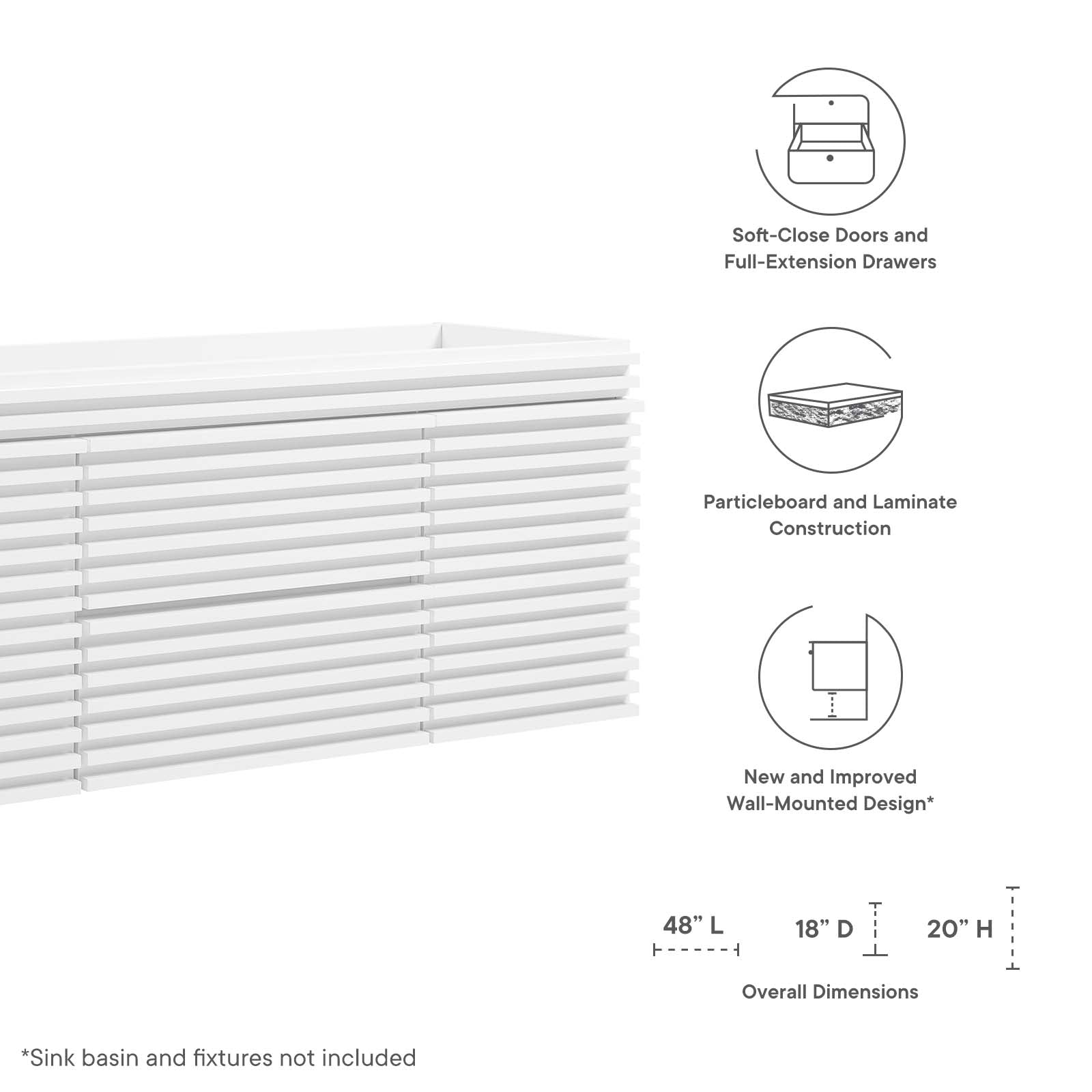 Modway Bathroom Vanity - Render 48" Wall-Mount Bathroom Vanity Cabinet White EEI-5866-WHI