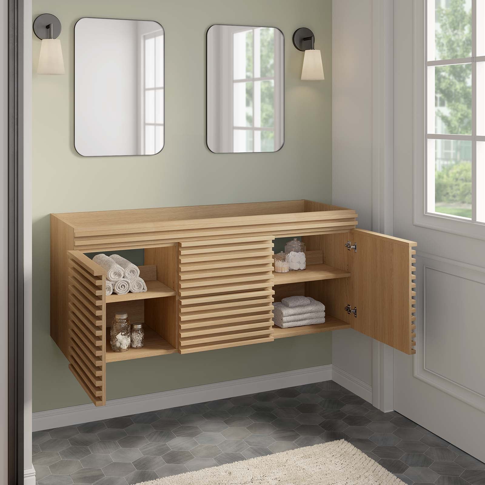 Modway Bathroom Vanity - Render 48" Wall-Mount Bathroom Vanity Cabinet Oak EEI-5867-OAK