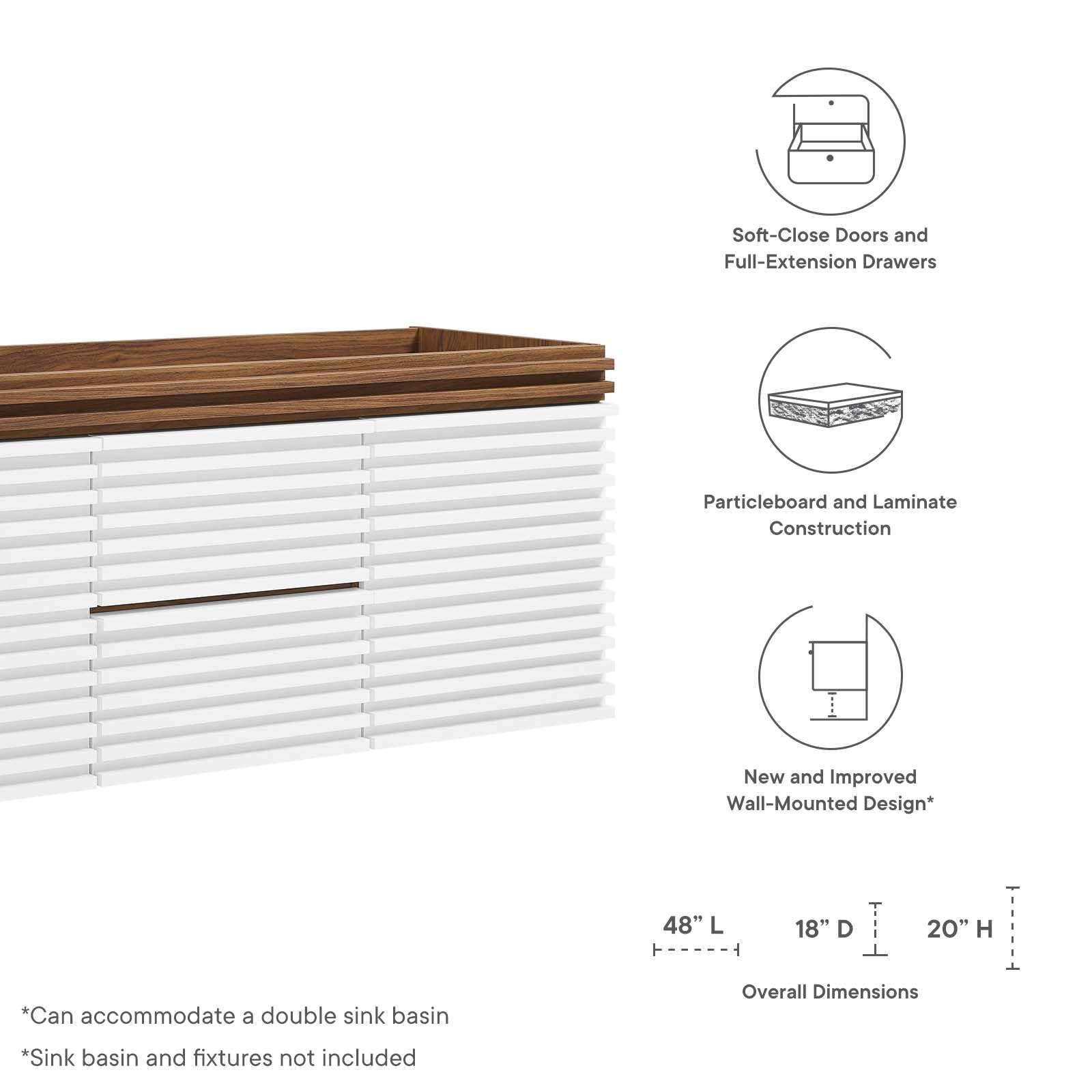 Modway Bathroom Vanity - Render 48" Wall-Mount Bathroom Vanity Cabinet White Walnut EEI-5867-WHI-WAL