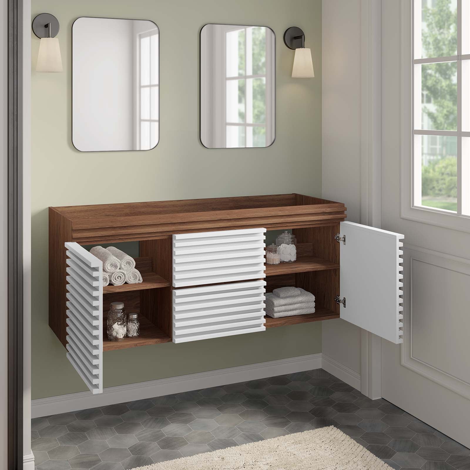 Modway Bathroom Vanity - Render 48" Wall-Mount Bathroom Vanity Cabinet White Walnut EEI-5867-WHI-WAL