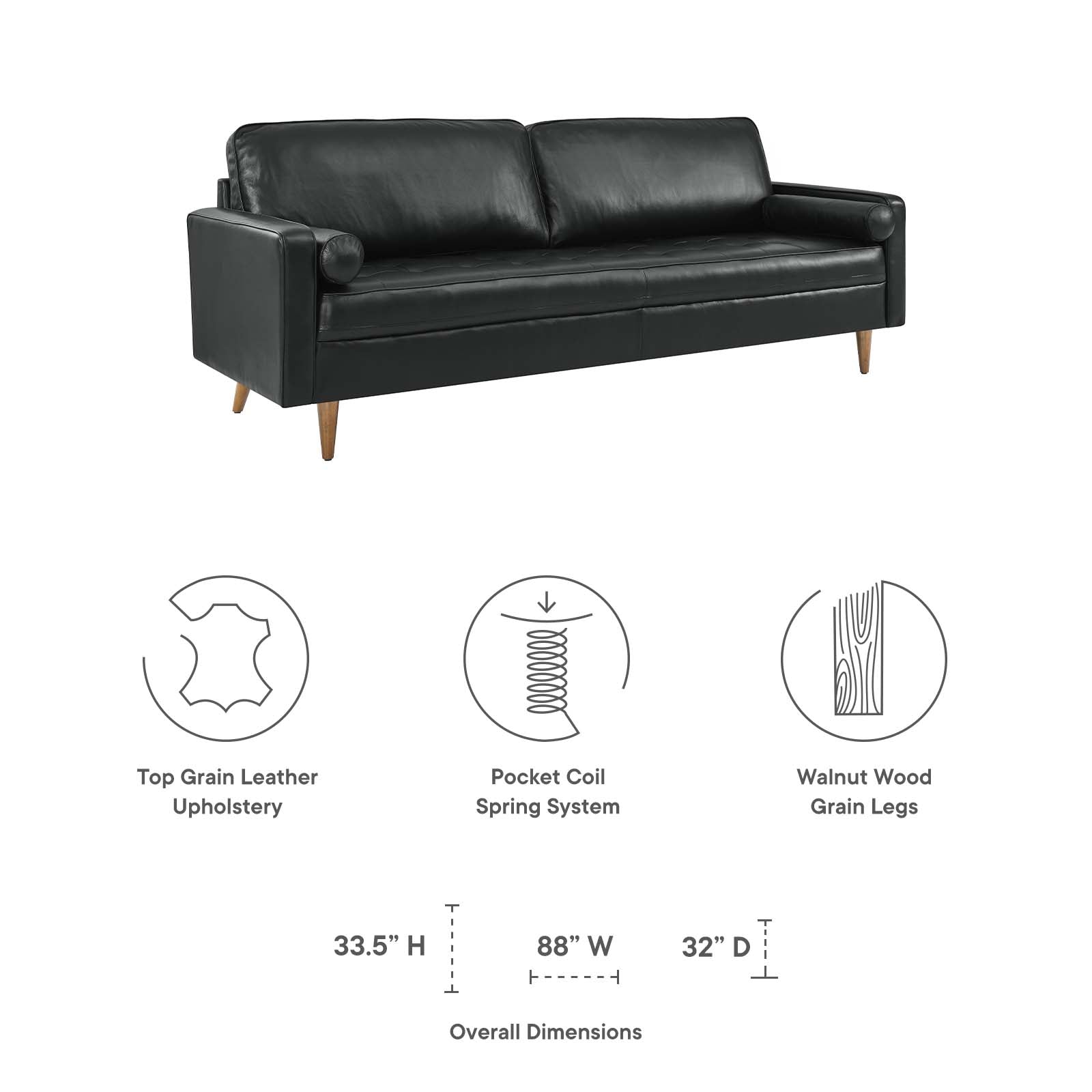 Modway Sofas & Couches - Valour 88" Leather Sofa Black