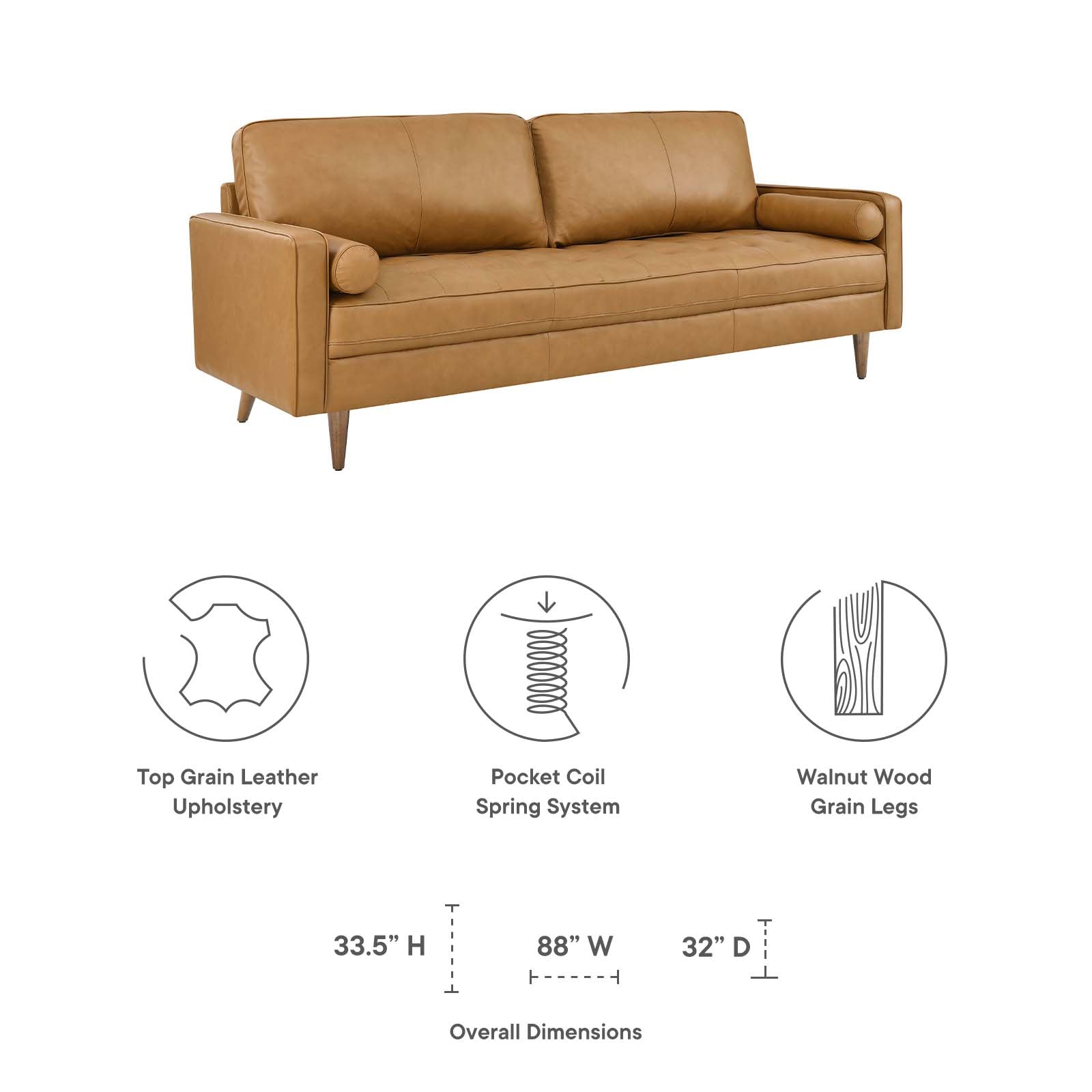Modway Sofas & Couches - Valour 88" Leather Sofa Tan