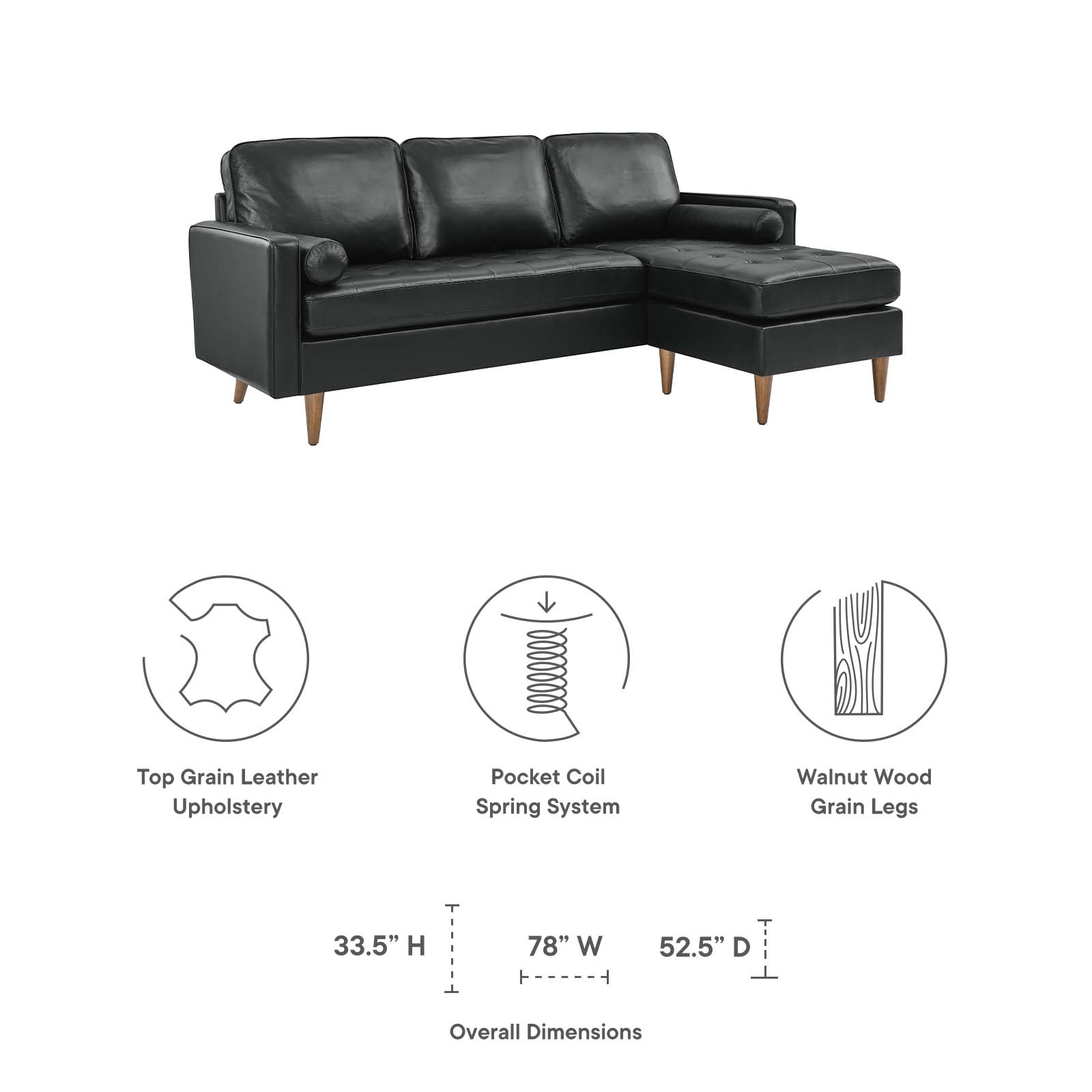 Modway Sectional Sofas - Valour 78" Leather Apartment Sectional Sofa Black