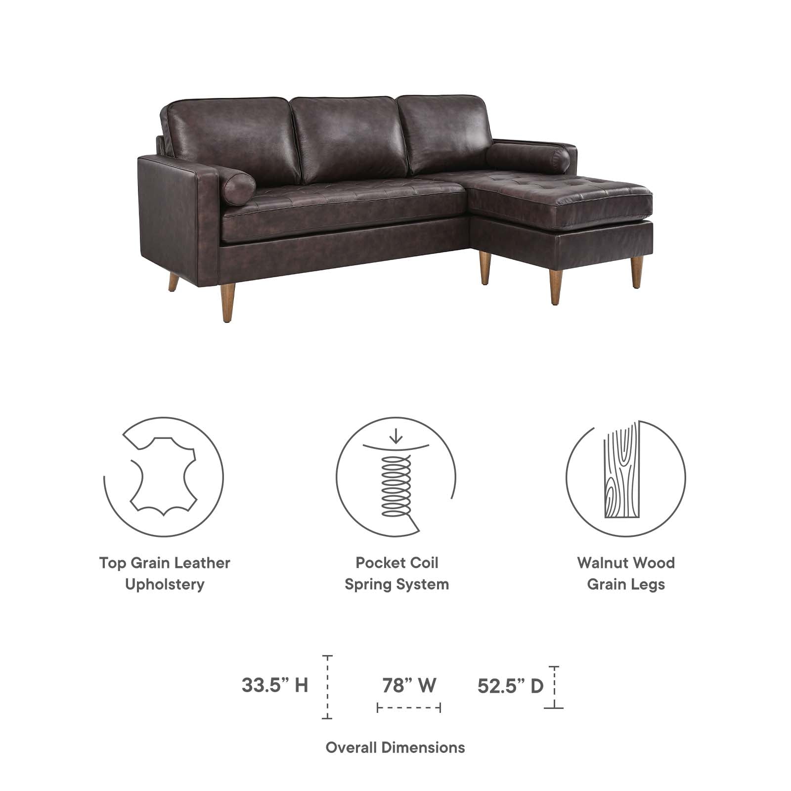 Modway Sectional Sofas - Valour 78" Leather Apartment Sectional Sofa Brown