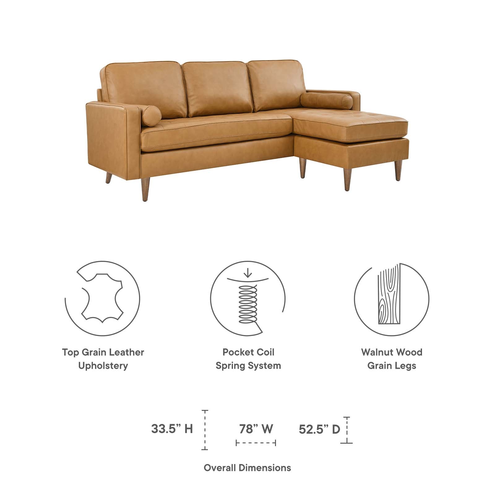 Modway Sectional Sofas - Valour 78" Leather Apartment Sectional Sofa Tan