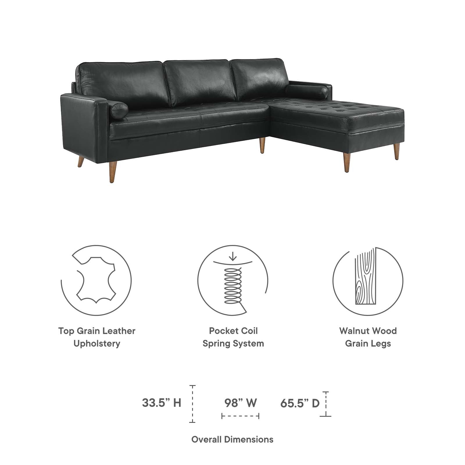 Modway Sectional Sofas - Valour 98" Leather Sectional Sofa Black