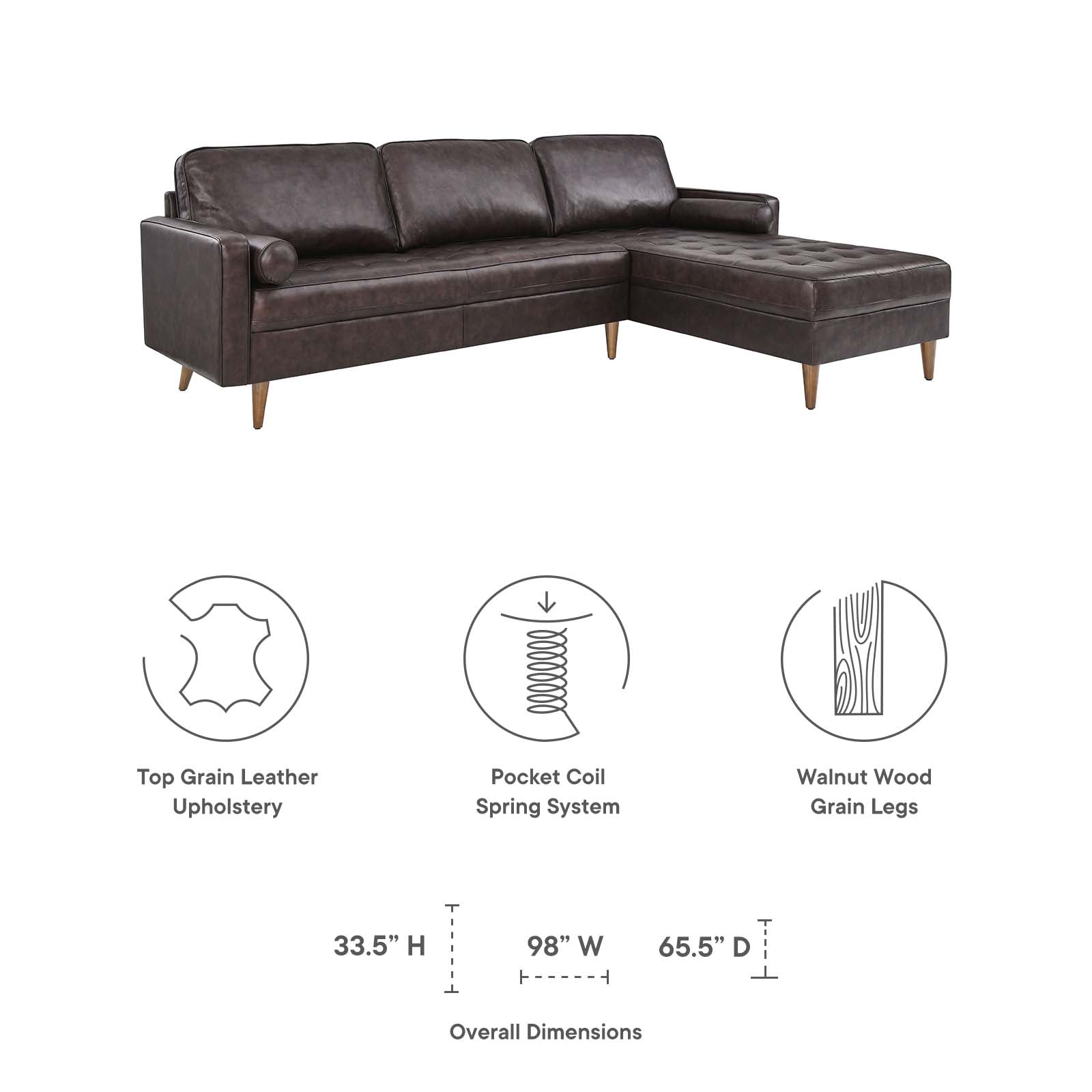Modway Sectional Sofas - Valour 98" Leather Sectional Sofa Brown