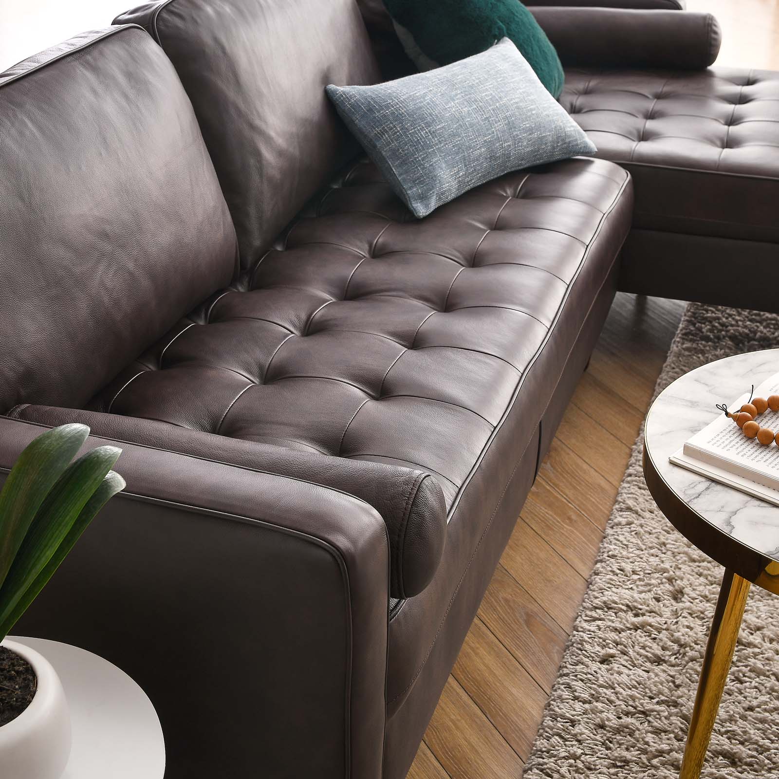 Modway Sectional Sofas - Valour 98" Leather Sectional Sofa Brown
