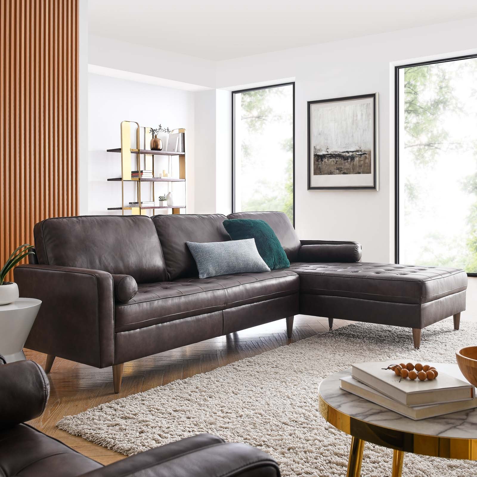 Modway Sectional Sofas - Valour 98" Leather Sectional Sofa Brown