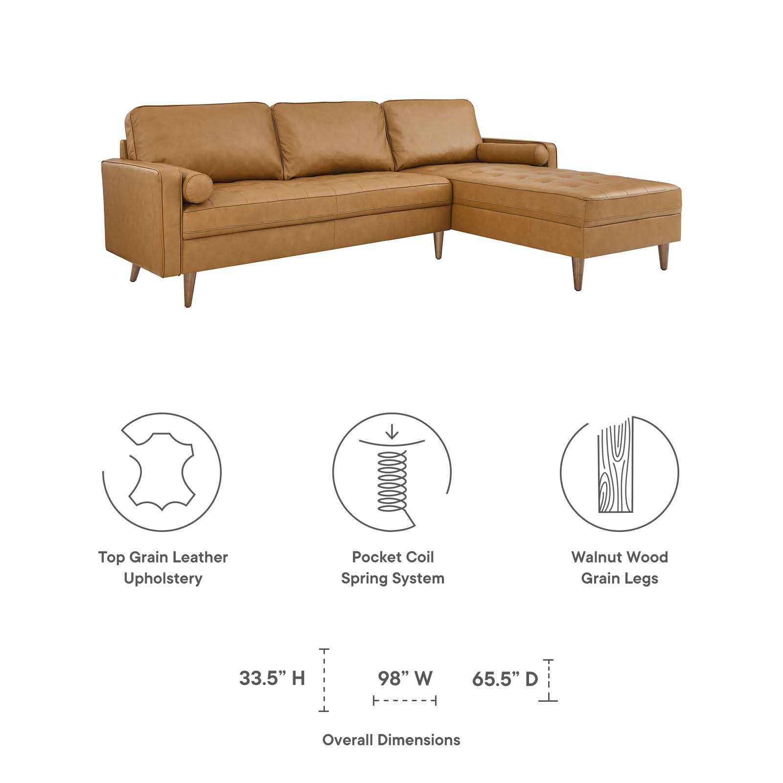 Modway Sectional Sofas - Valour 98" Leather Sectional Sofa Tan