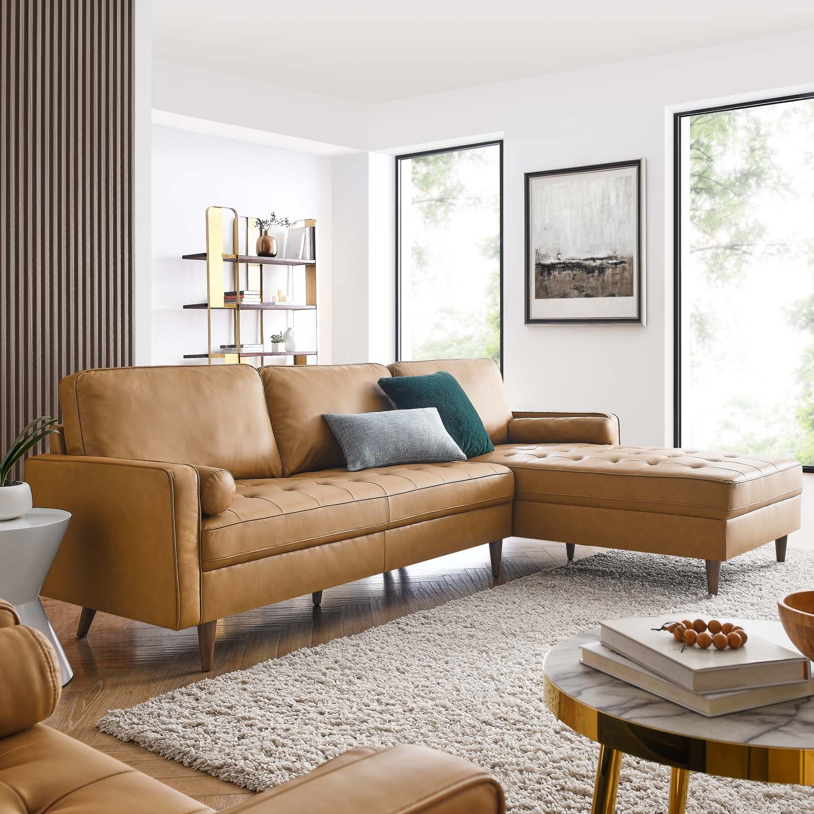 Modway Sectional Sofas - Valour 98" Leather Sectional Sofa Tan