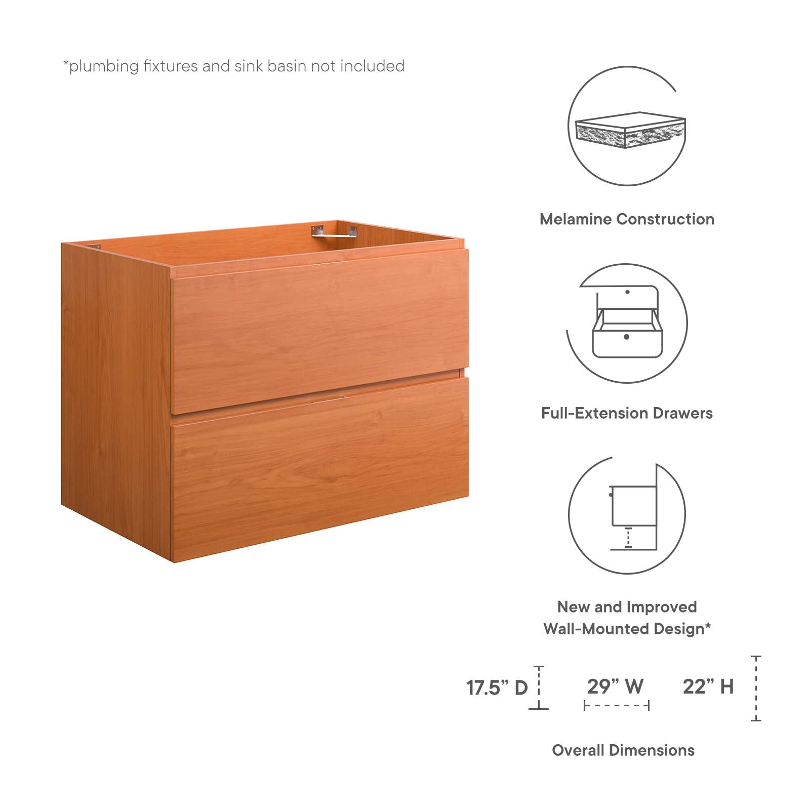 Modway Bathroom Vanity - Scenic 30" Wall-Mount Bathroom Vanity Cabinet Cherry Walnut