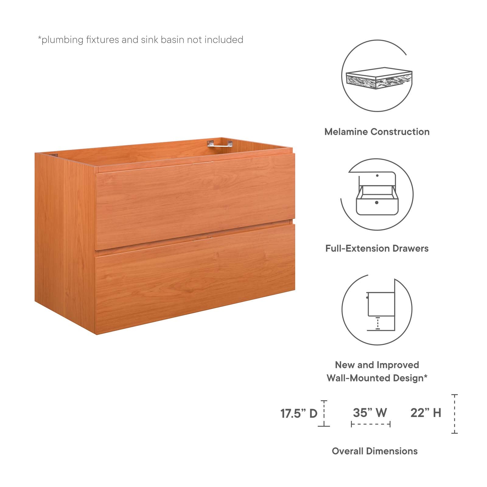 Modway Bathroom Vanity - Scenic 36" Wall-Mount Bathroom Vanity Cabinet Cherry Walnut