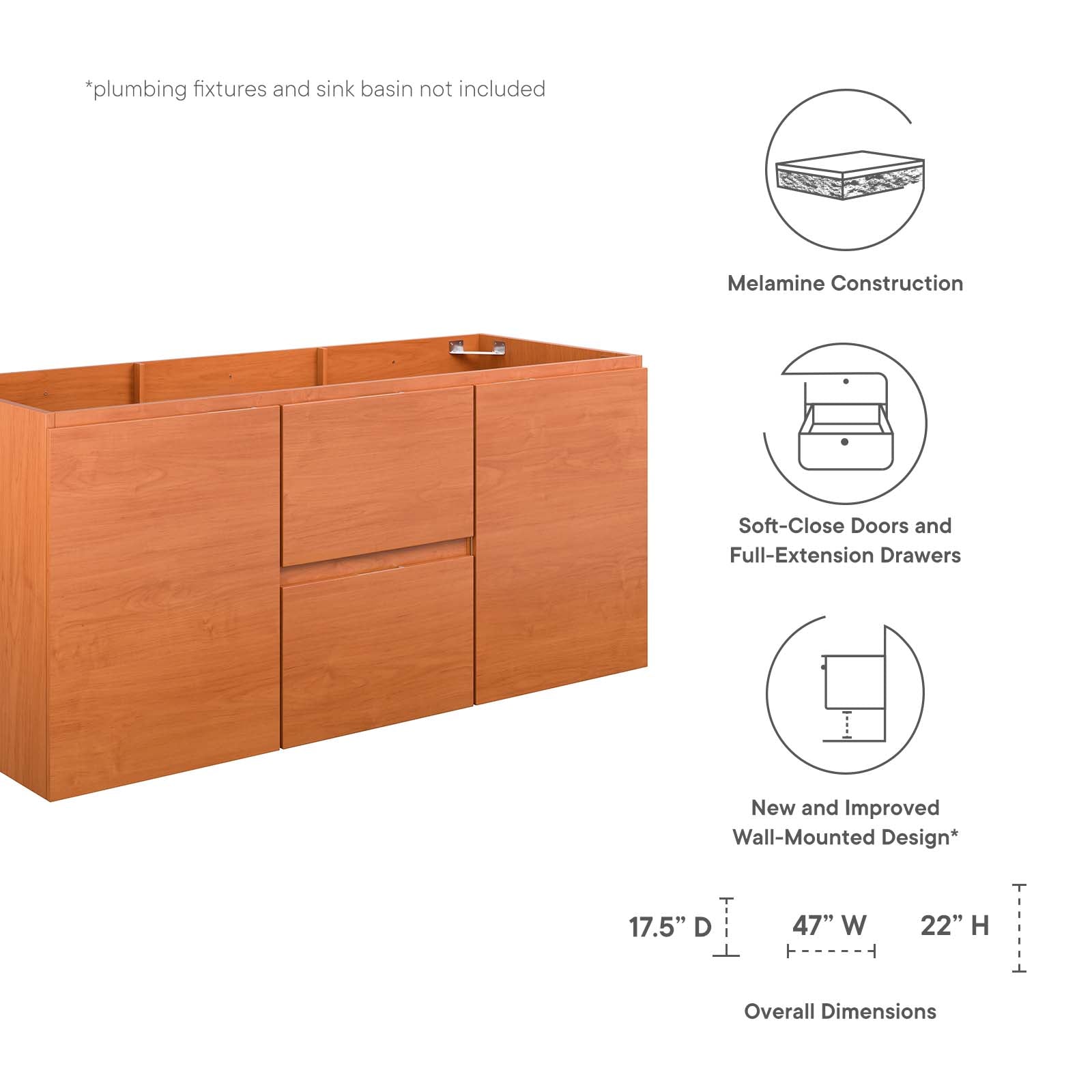 Modway Bathroom Vanity - Scenic 48" Single Wall-Mount Bathroom Vanity Cabinet Cherry Walnut