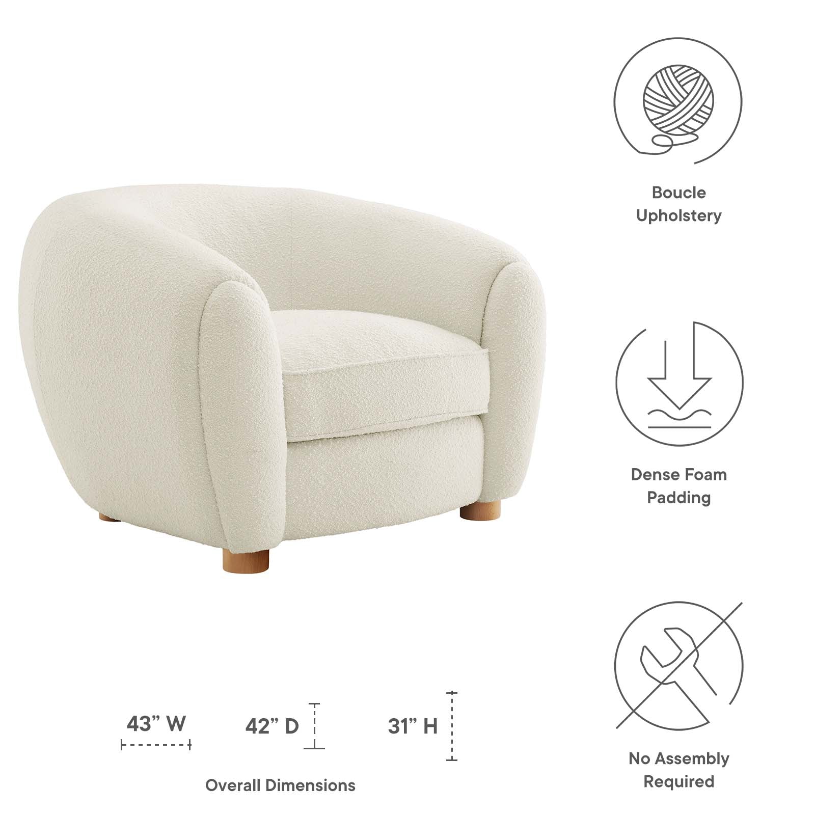 Modway Accent Chairs - Abundant Boucle Upholstered Fabric Armchair Ivory