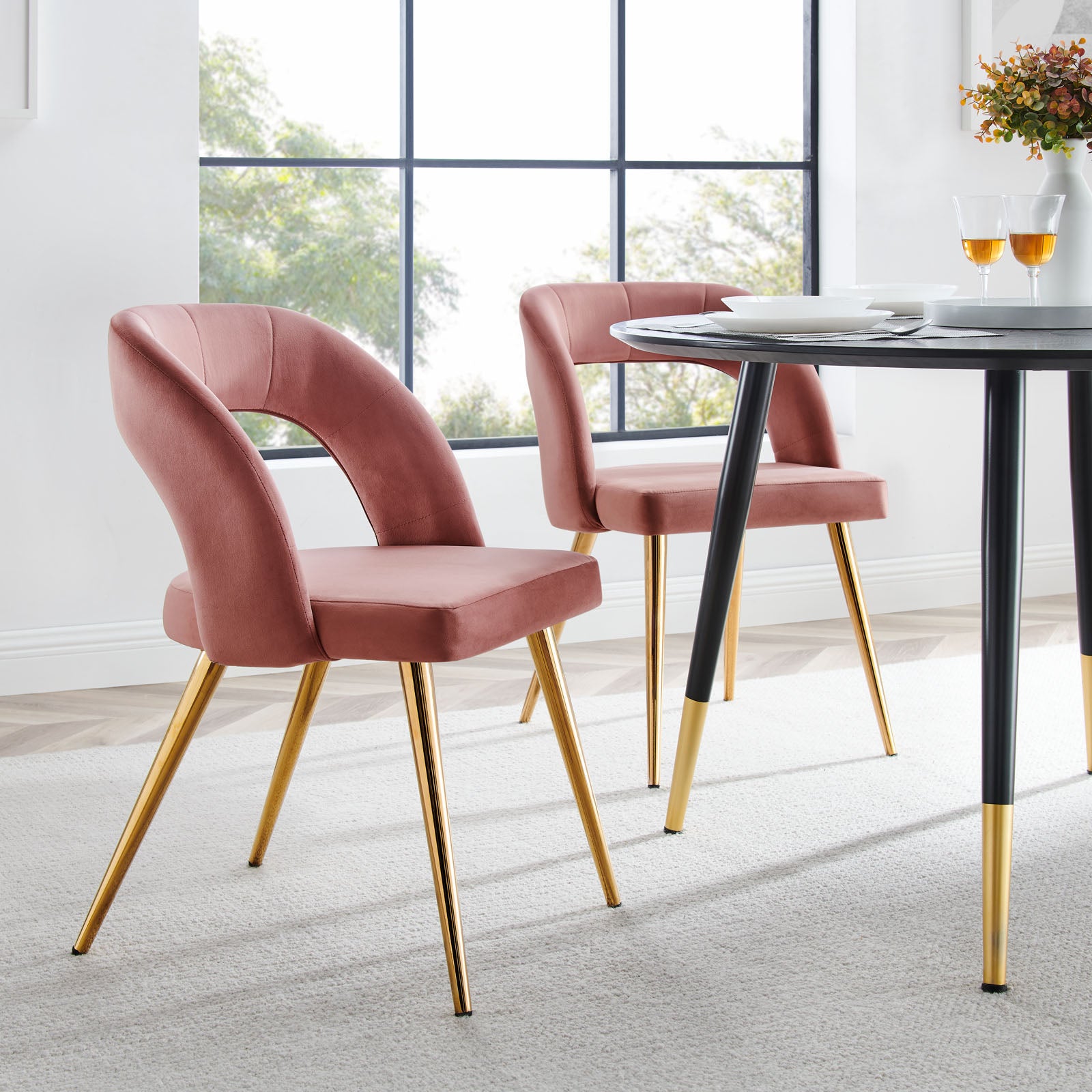 Modway Dining Chairs - Marciano Performance Velvet Dining Chair Set Of 2 Gold Dusty Rose