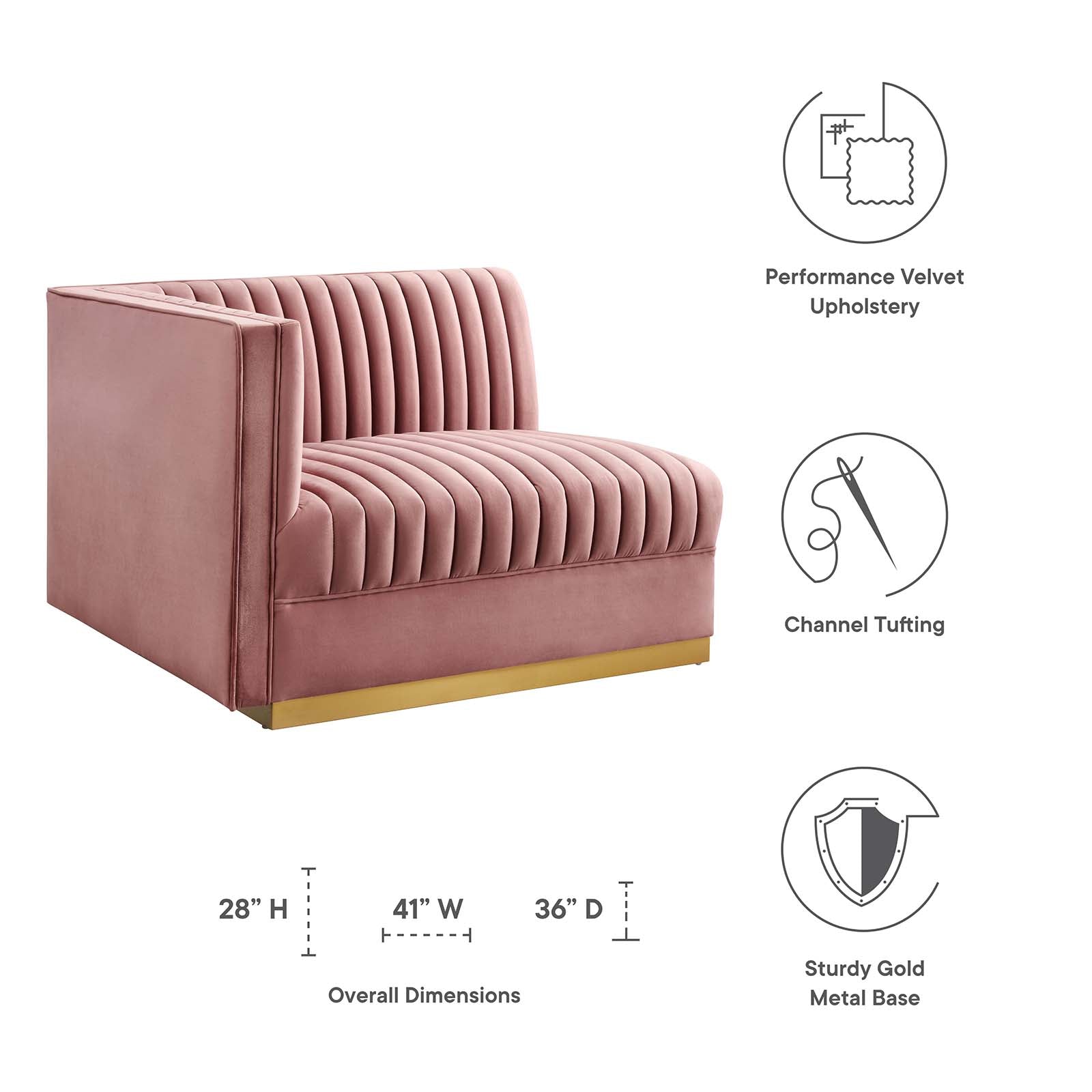 Modway Accent Chairs - Sanguine Channel Tufted Performance Velvet Modular Sectional Sofa Left-Arm Chair Dusty Rose