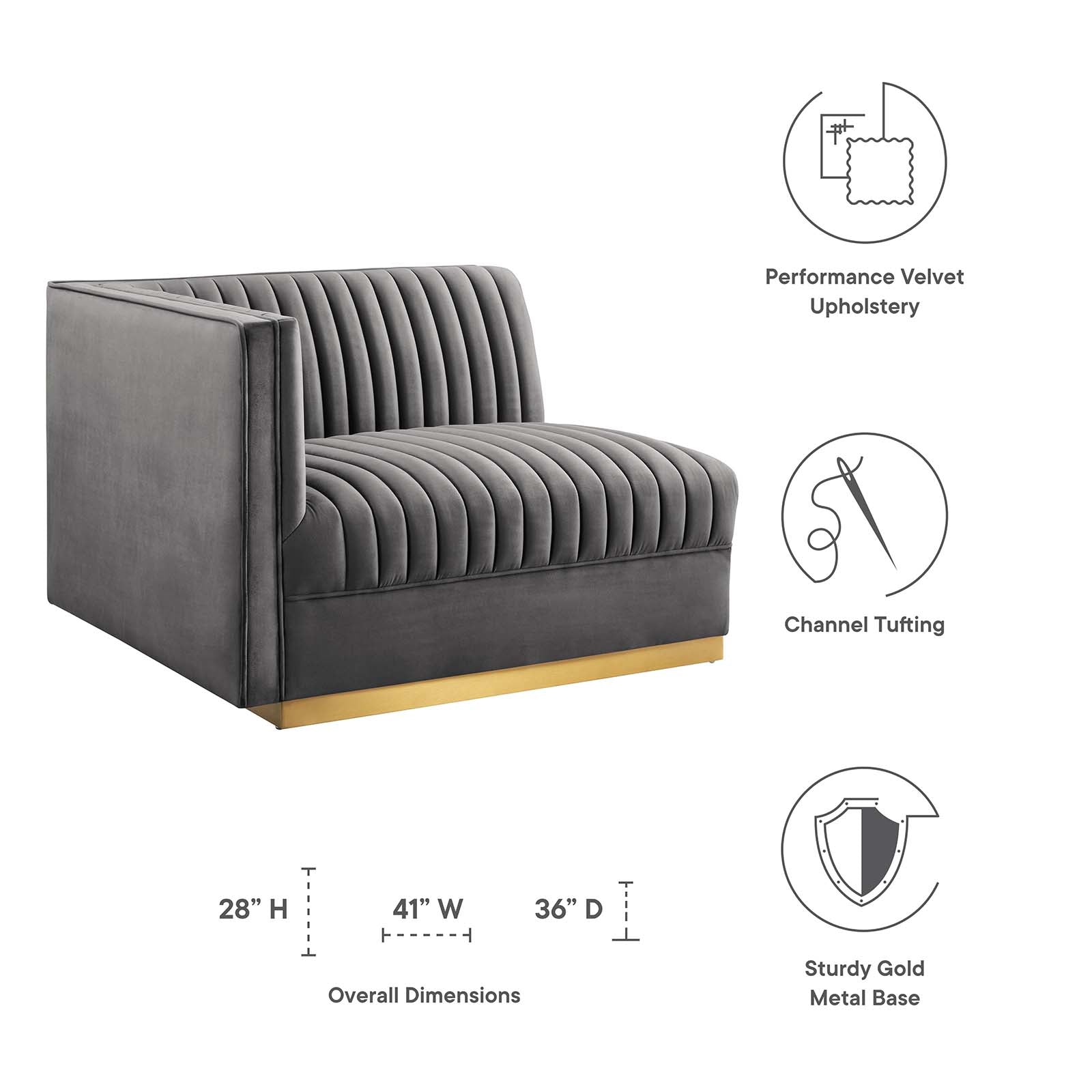 Modway Accent Chairs - Sanguine Channel Tufted Performance Velvet Modular Sectional Sofa Left-Arm Chair Gray