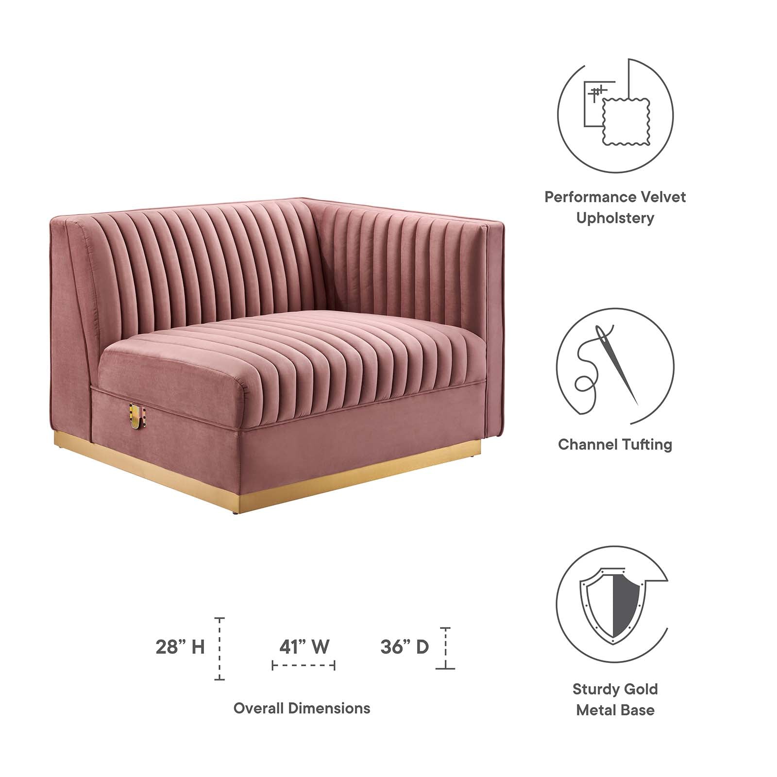 Modway Accent Chairs - Sanguine Channel Tufted Performance Velvet Modular Sectional Sofa Right-Arm Chair Dusty Rose