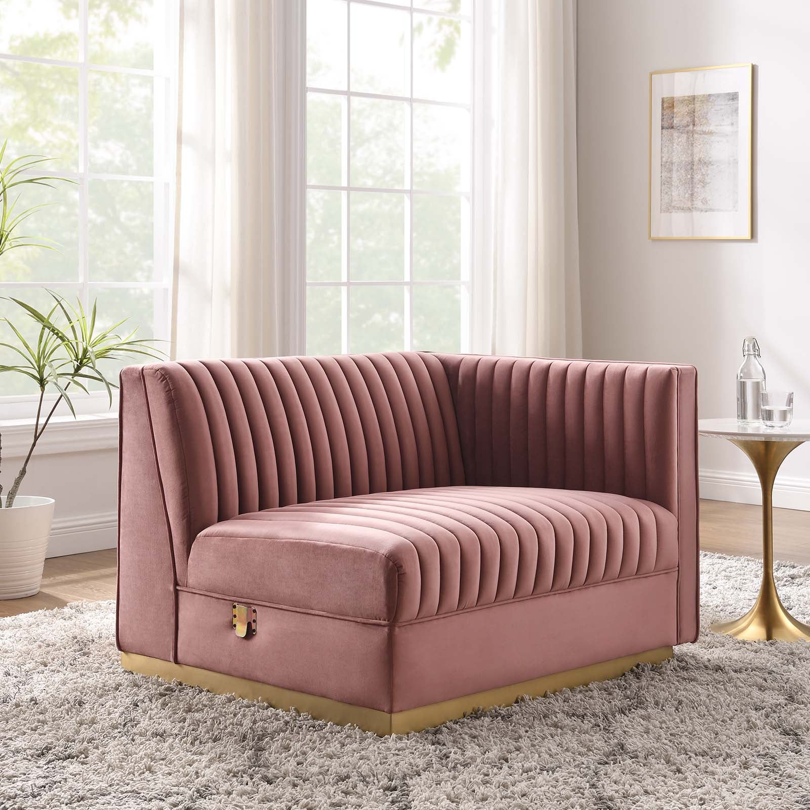 Modway Accent Chairs - Sanguine Channel Tufted Performance Velvet Modular Sectional Sofa Right-Arm Chair Dusty Rose