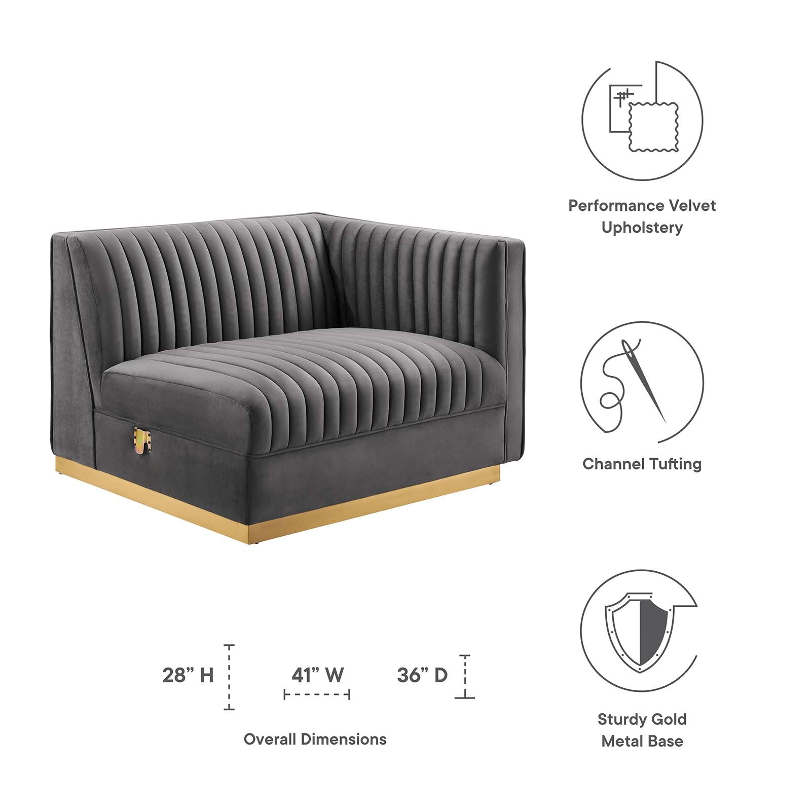 Modway Accent Chairs - Sanguine Channel Tufted Performance Velvet Modular Sectional Sofa Right-Arm Chair Gray