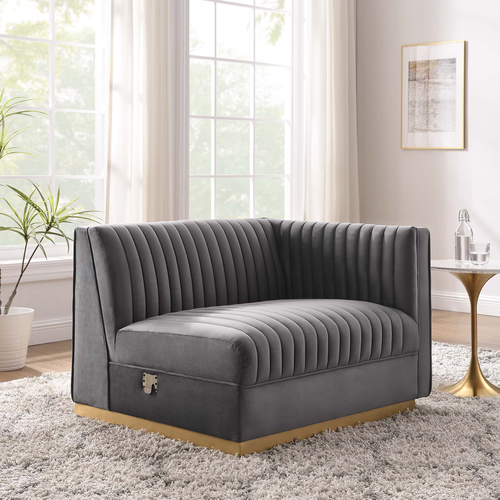 Modway Accent Chairs - Sanguine Channel Tufted Performance Velvet Modular Sectional Sofa Right-Arm Chair Gray
