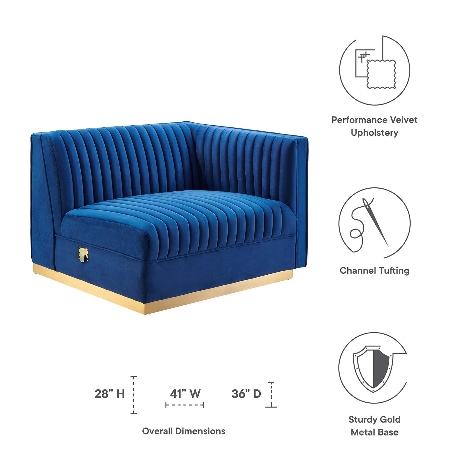 Modway Accent Chairs - Sanguine Channel Tufted Performance Velvet Modular Sectional Sofa Right-Arm Chair Navy Blue