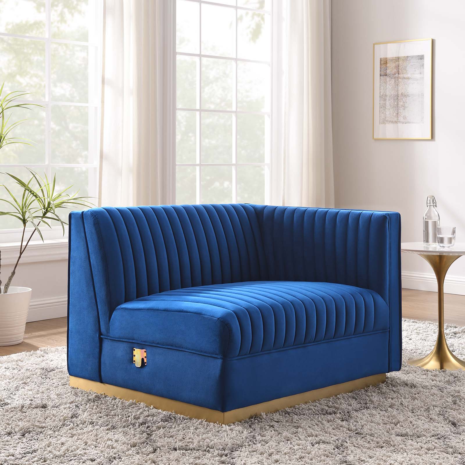 Modway Accent Chairs - Sanguine Channel Tufted Performance Velvet Modular Sectional Sofa Right-Arm Chair Navy Blue