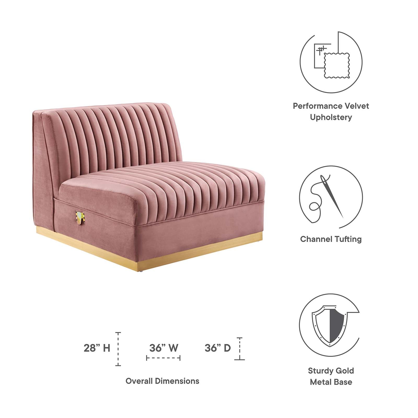 Modway Accent Chairs - Sanguine Channel Tufted Performance Velvet Modular Sectional Sofa Armless Chair Dusty Rose