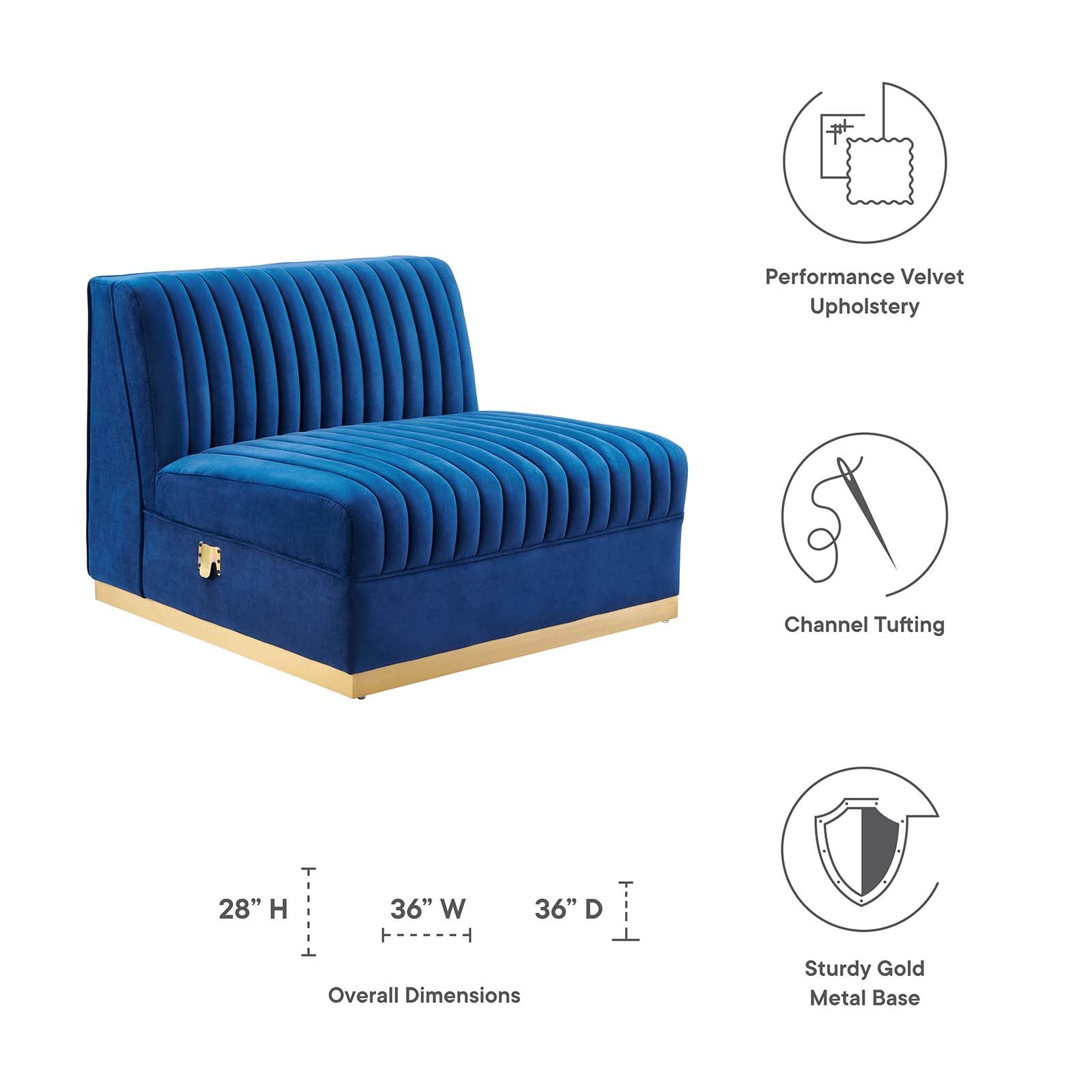 Modway Accent Chairs - Sanguine Channel Tufted Performance Velvet Modular Sectional Sofa Armless Chair Navy Blue