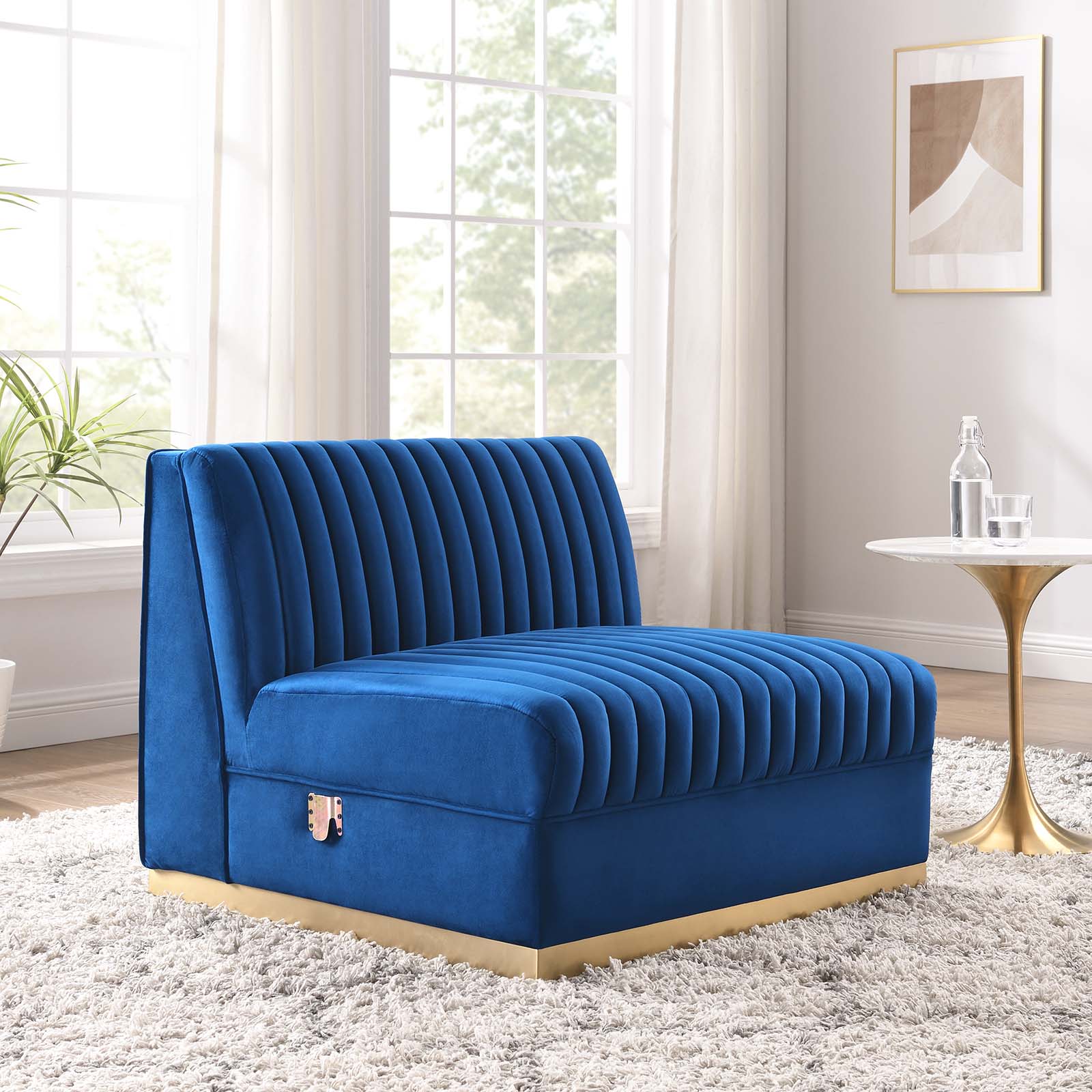 Modway Accent Chairs - Sanguine Channel Tufted Performance Velvet Modular Sectional Sofa Armless Chair Navy Blue