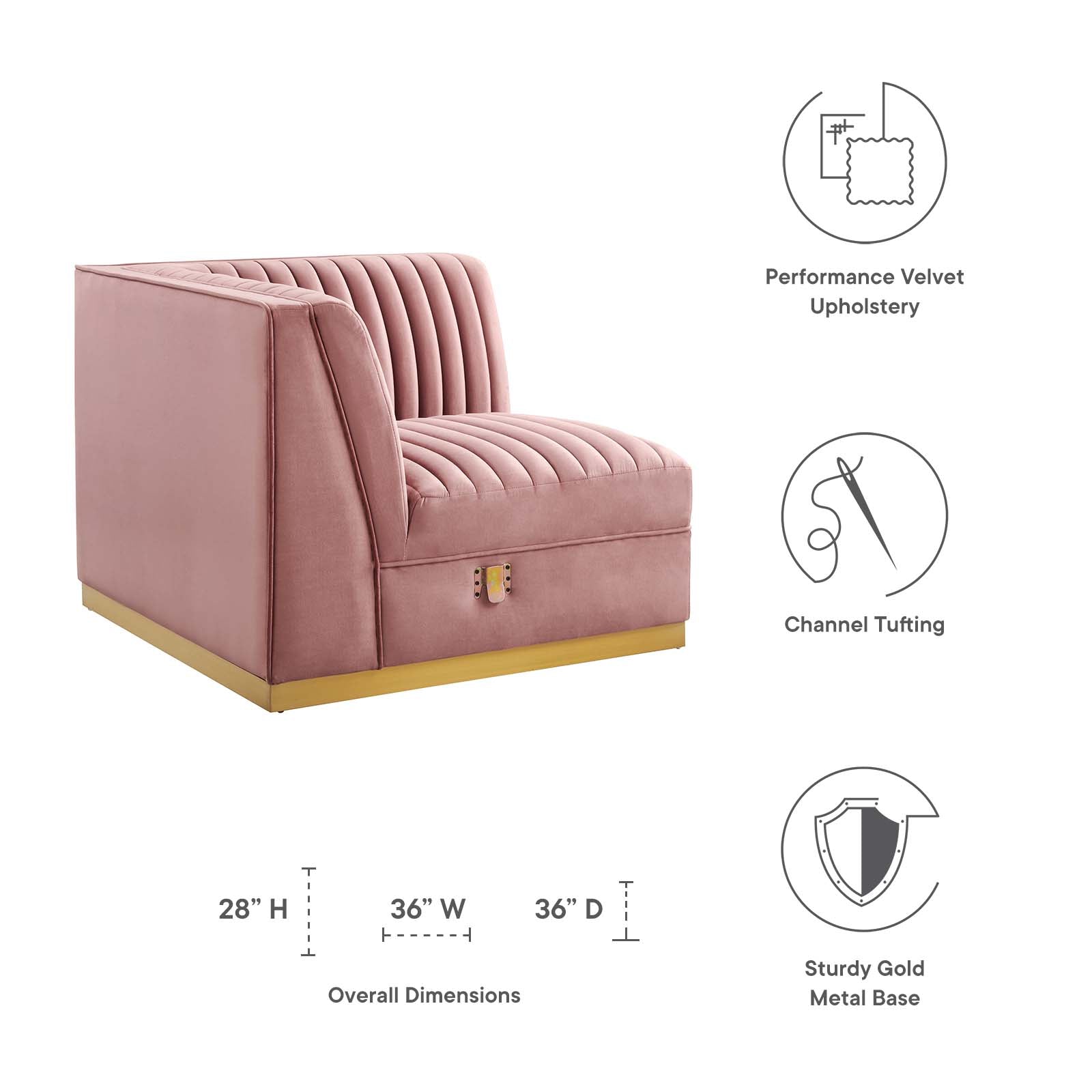 Modway Accent Chairs - Sanguine Channel Tufted Performance Velvet Modular Sectional Sofa Left Corner Chair Dusty Rose