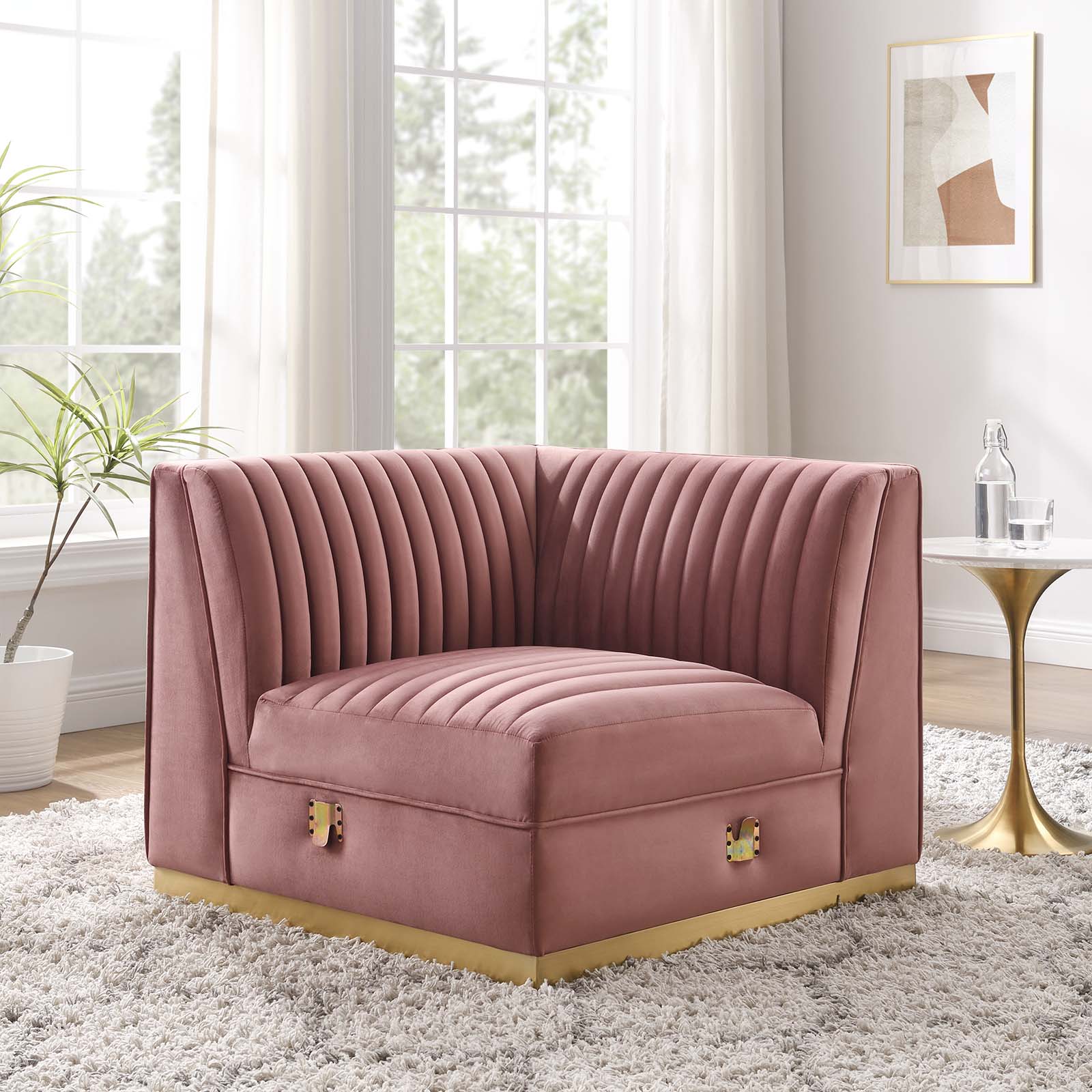 Modway Accent Chairs - Sanguine Channel Tufted Performance Velvet Modular Sectional Sofa Left Corner Chair Dusty Rose
