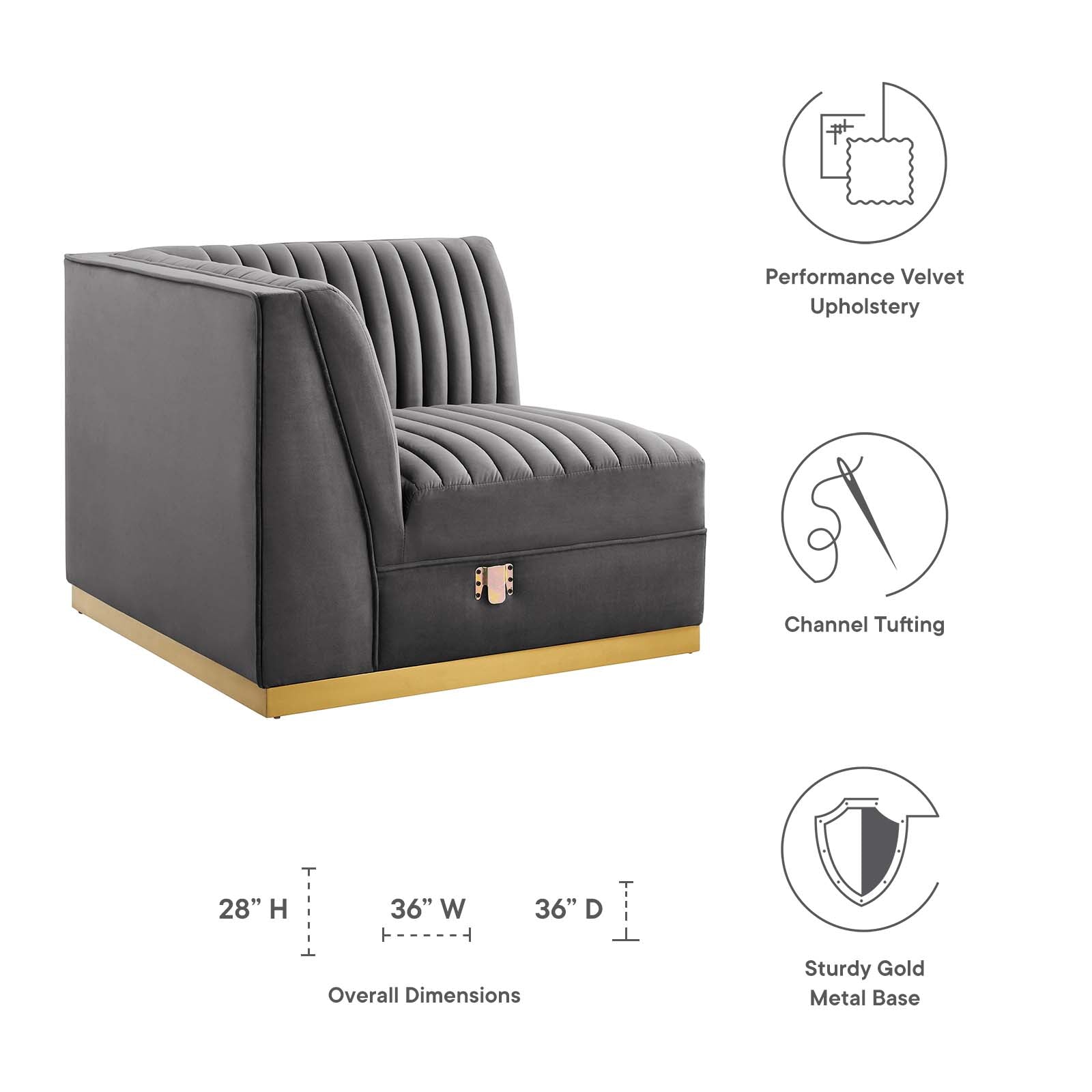Modway Accent Chairs - Sanguine Channel Tufted Performance Velvet Modular Sectional Sofa Left Corner Chair Gray