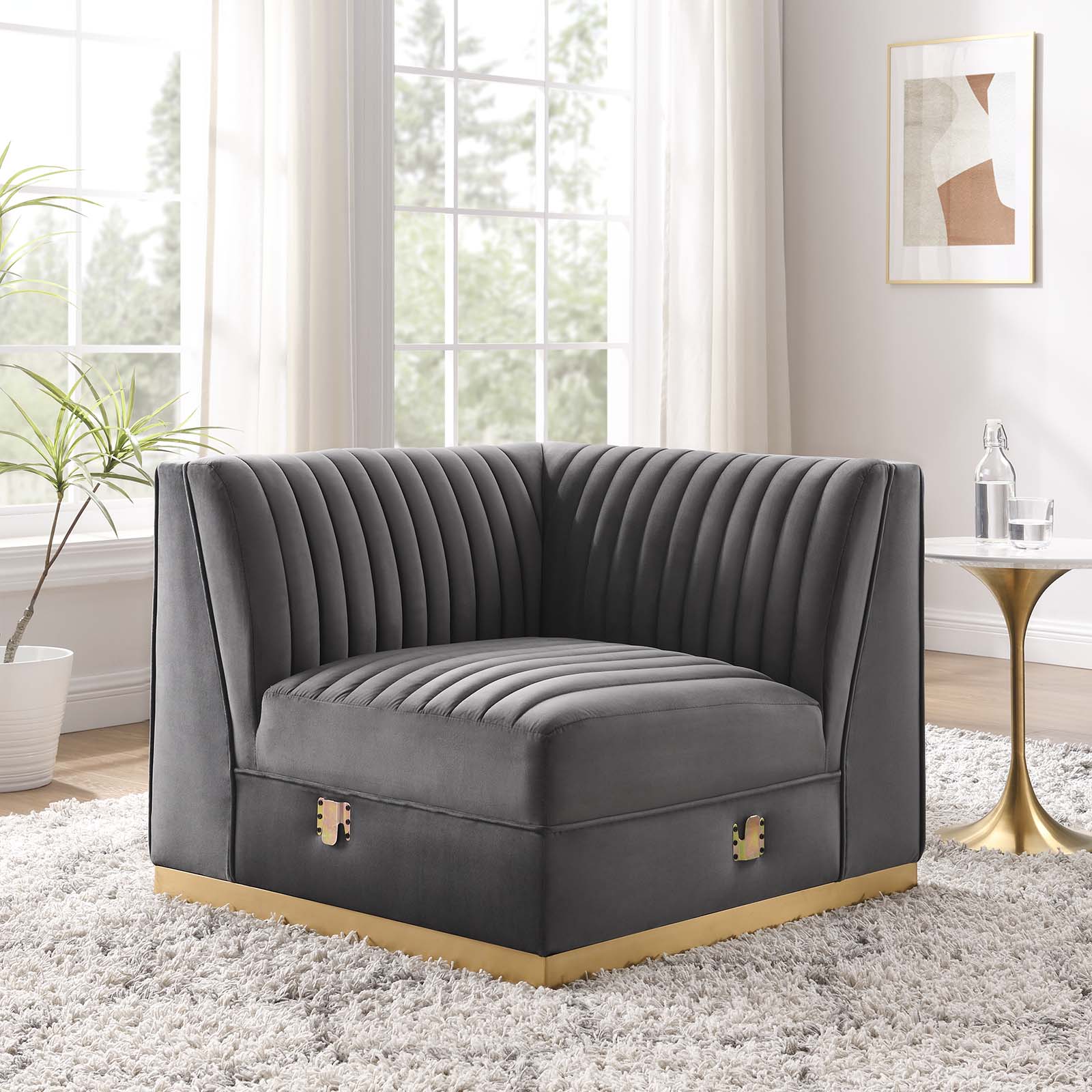 Modway Accent Chairs - Sanguine Channel Tufted Performance Velvet Modular Sectional Sofa Left Corner Chair Gray
