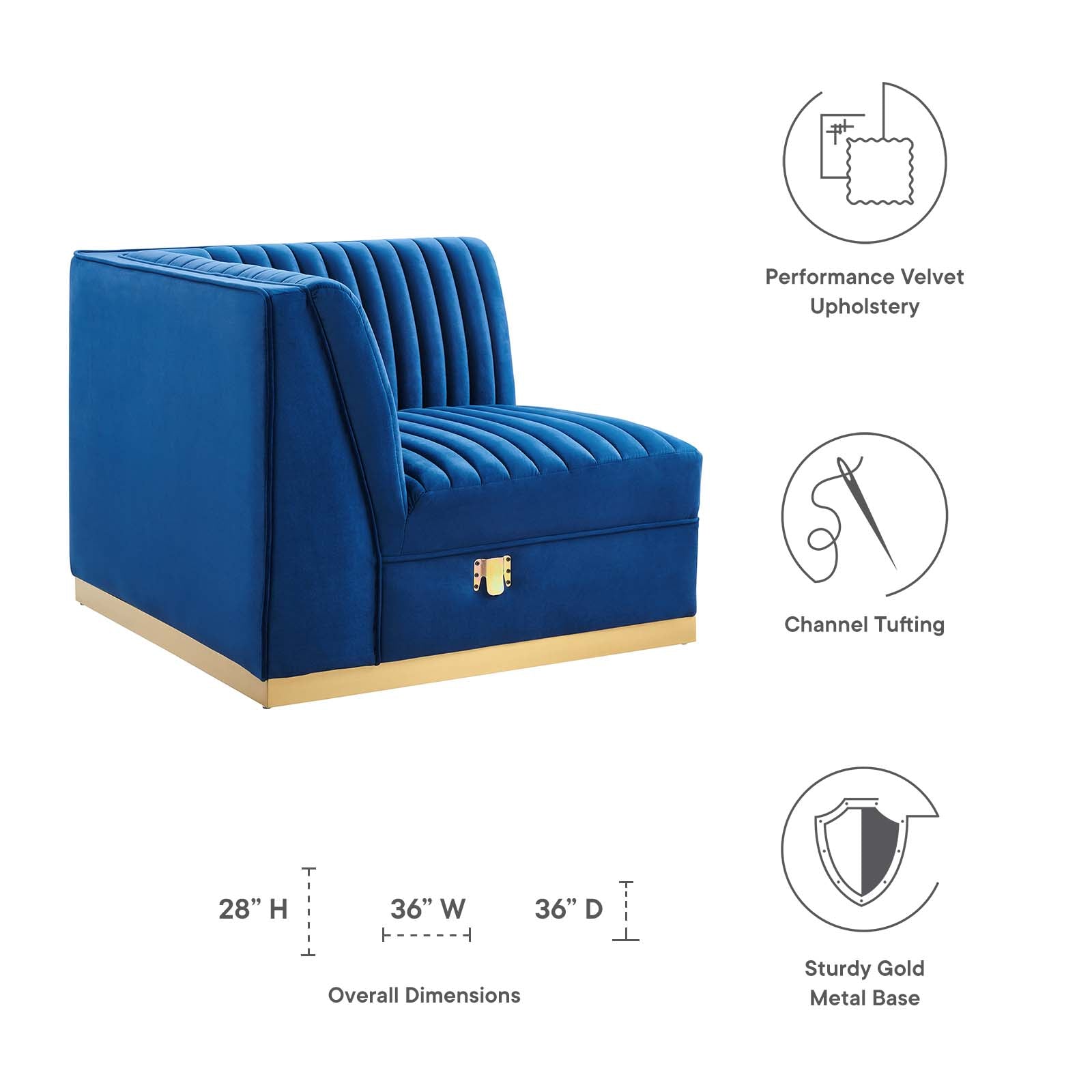 Modway Accent Chairs - Sanguine Channel Tufted Performance Velvet Modular Sectional Sofa Left Corner Chair Navy Blue