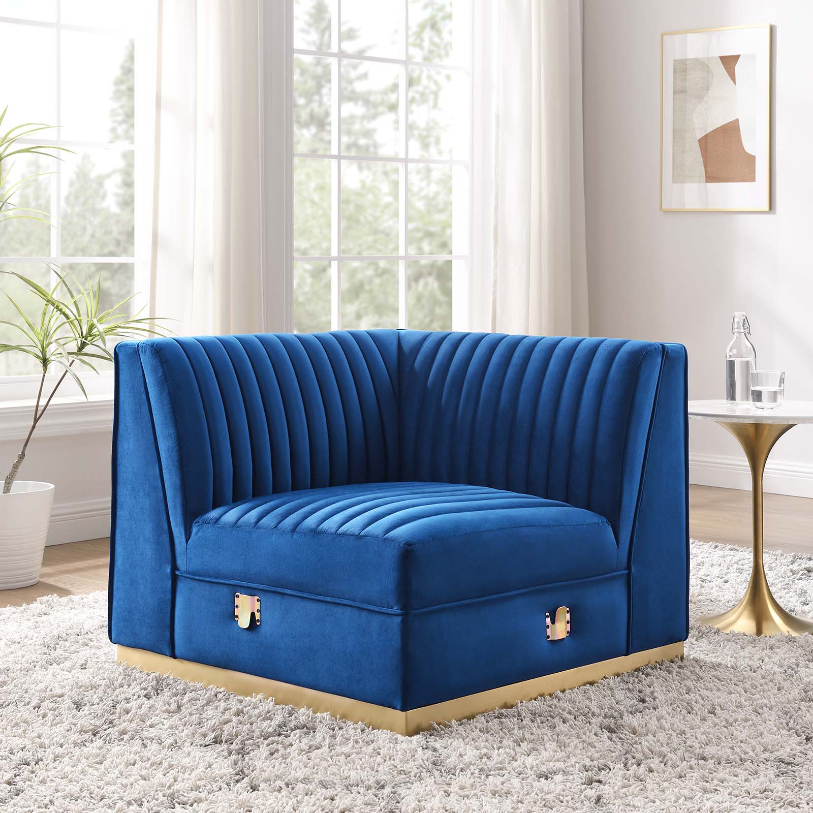Modway Accent Chairs - Sanguine Channel Tufted Performance Velvet Modular Sectional Sofa Left Corner Chair Navy Blue